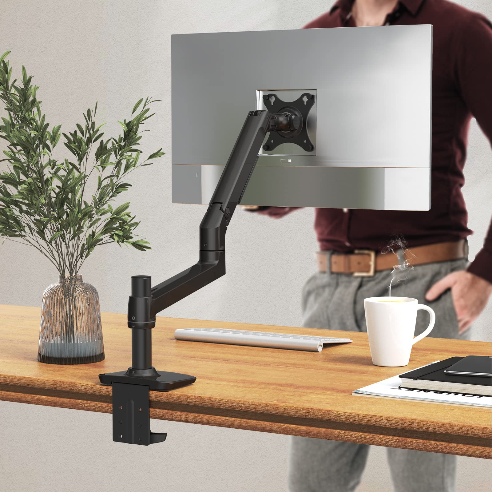 Ergounion Braccio singolo per monitor da scrivania, supporta schermi fino a 40 pollici e 11,3 kg, completamente regolabile, supporto per monitor Vesa con morsetto a C e base con passacavo, in
