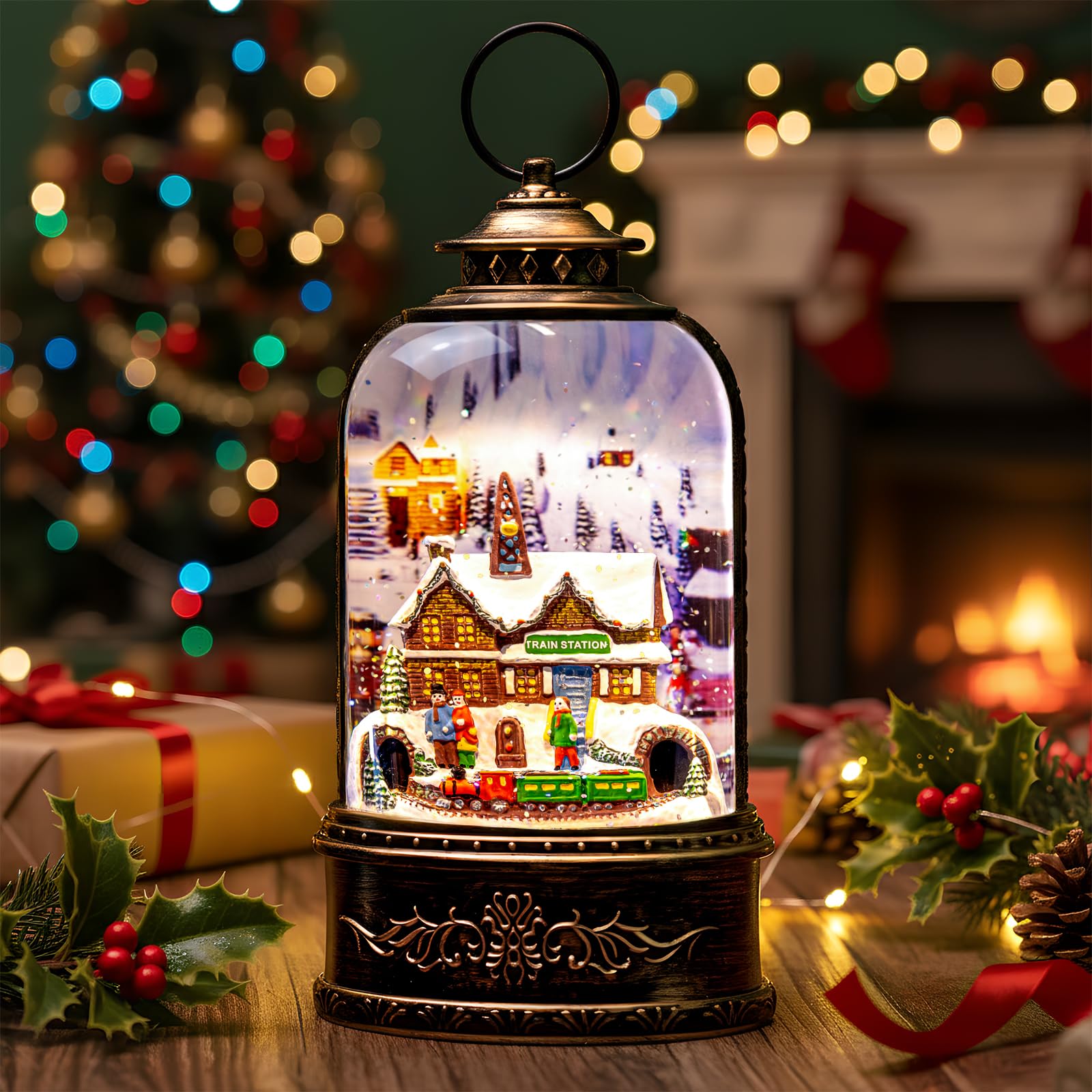 Lanterne boule à neige lumineuse en forme de gare de train musicale - Décoration tourbillonnante à paillettes pour Noël, maison, salon, fonctionne avec piles ou USB