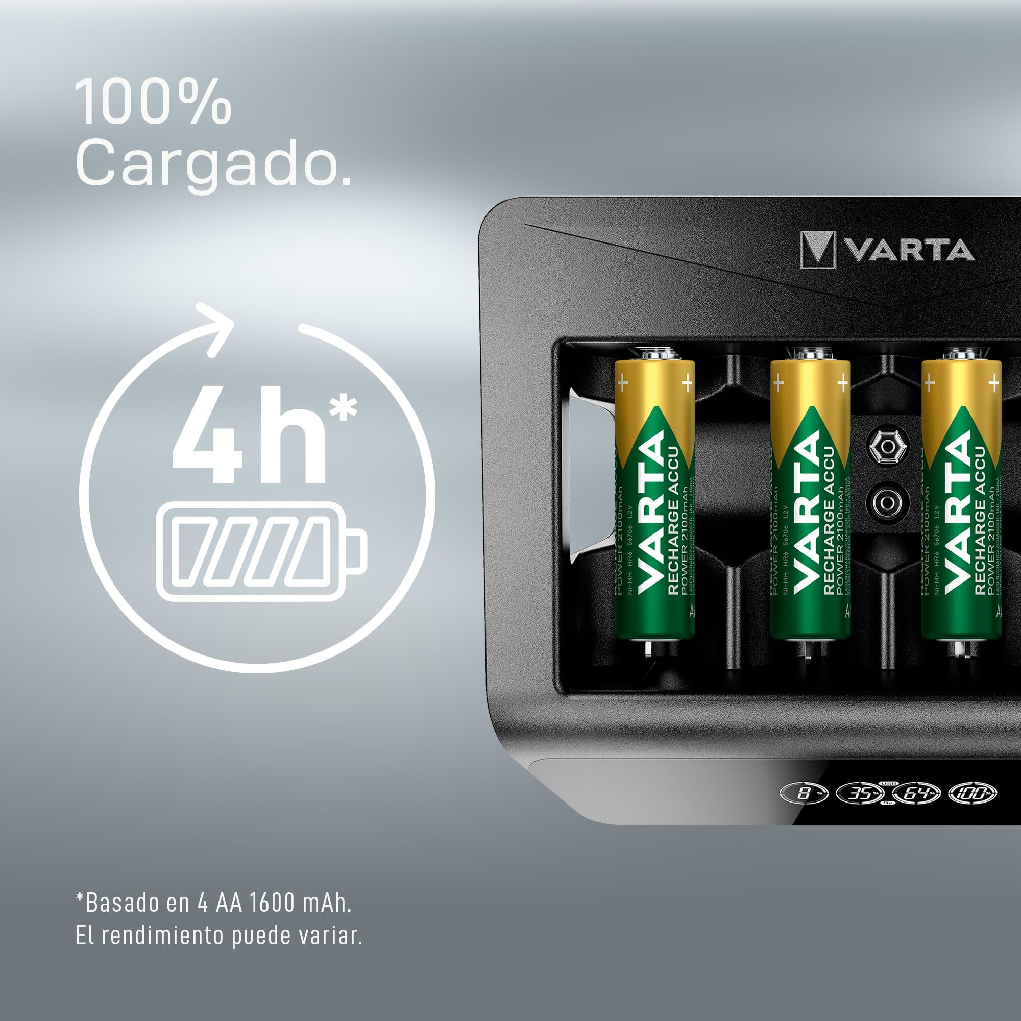 VARTA Cargador de Pilas, Cargador para Pilas AA/AAA/C/D/9V Recargables y Dispositivos USB, LCD Universal Charger+, Carga por Ranura única, no Equipado | para pilas recargables NiMH, con fuente de alimentación/adaptador de coche 12 V