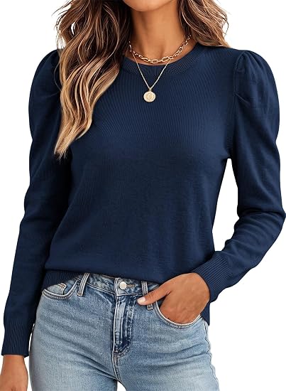 Dokotoo Women's Wool Blend Sweaters Puffy Sleeve Lightweight Fall Tops