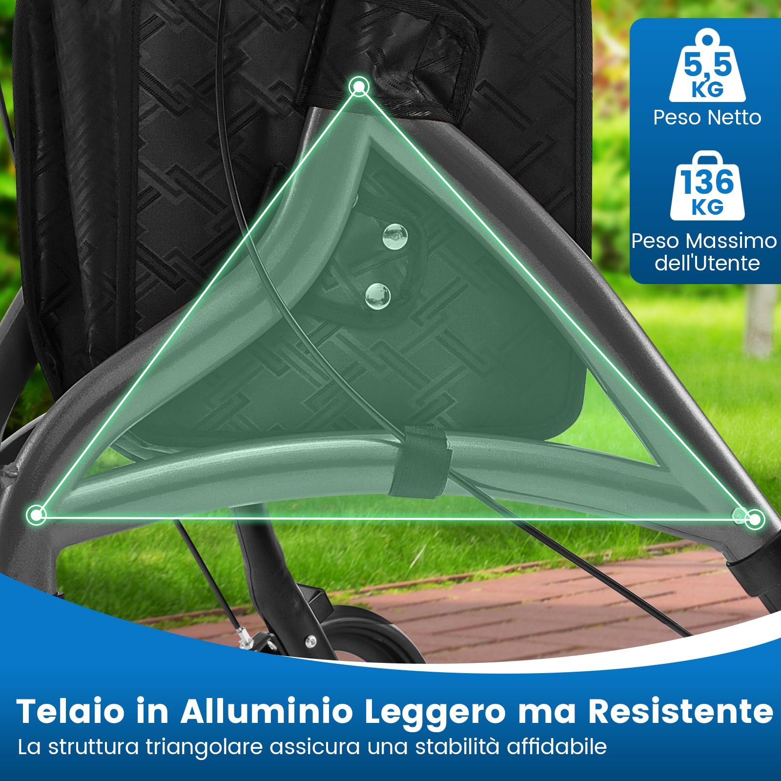 COSTWAY Deambulatore per Anziani in Alluminio Ultraleggero a 3 Ruote, Rollator per Anziani Pieghevole e Regolabile in 6 Livelli 86-96 cm con Borsa e Ruote Bloccabili, Portata 136 kg (Grigio)