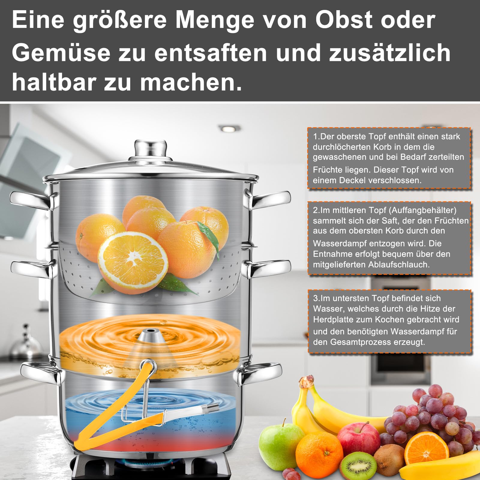 Dampfentsafter 16L Edelstahl Entsafter Saftpresse Ø 26 cm mit 4 Bügelflasche, Schonendes Entsaften von Obst und Gemüse, für alle Herdarten geeignet, Silber