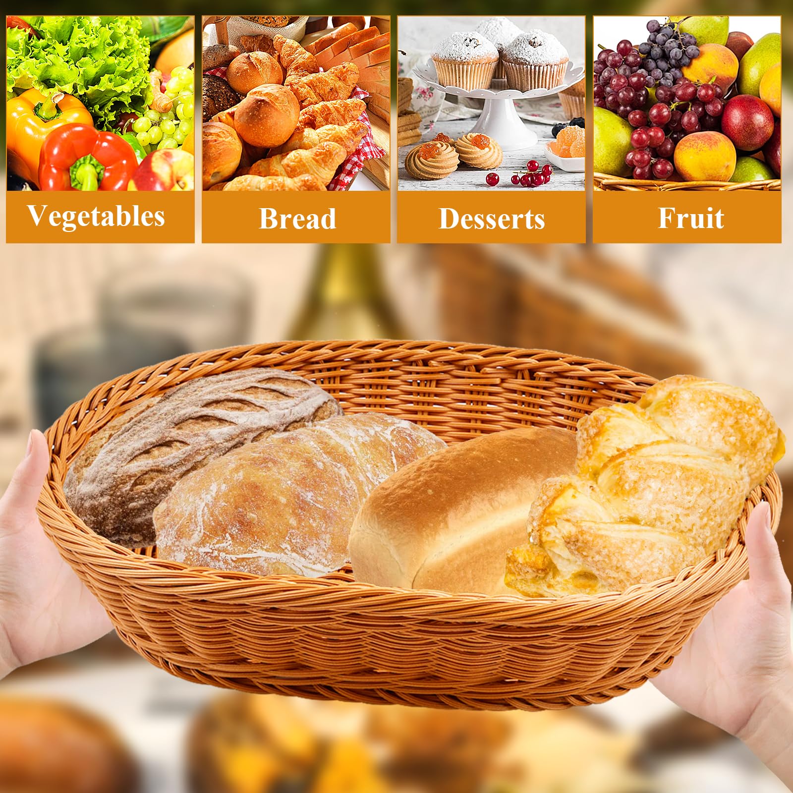 Paquete de 2 cestas de mimbre para pan con tapa acrílica, cesta de pan de ratán de imitación, cestas de pan para servir cesta de frutas tejida ovalada con cubierta para exhibición de alimentos