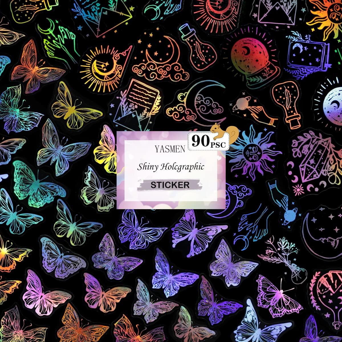 YASMENHolographic Stickers, 90PCS Vintage Butterfly & Magic Transparent Stickers, Resin Decorative Stickers for Scrapbooking, Bullet Junk Journal, Planners, Phone Case, Water Bottles, Laptops