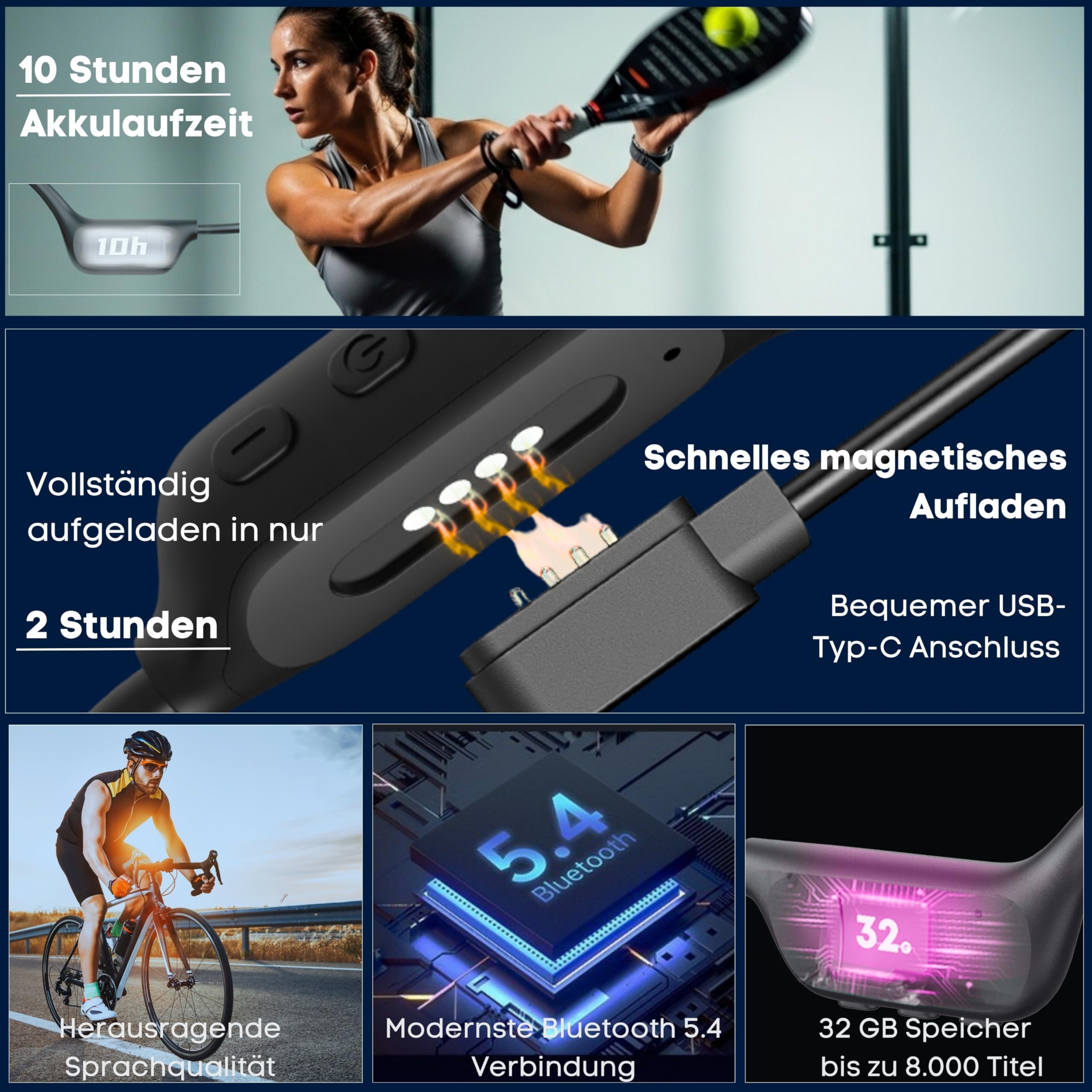 Knochenschall Kopfhörer Schwimmen, Open-Ear kopfhörer Bluetooth 5.4, IP68 Wasserdicht, 32GB Interner Speicher MP3 Player mit Mikrofon,10 Std Spielzeit für Laufen,Radfahren & Gym