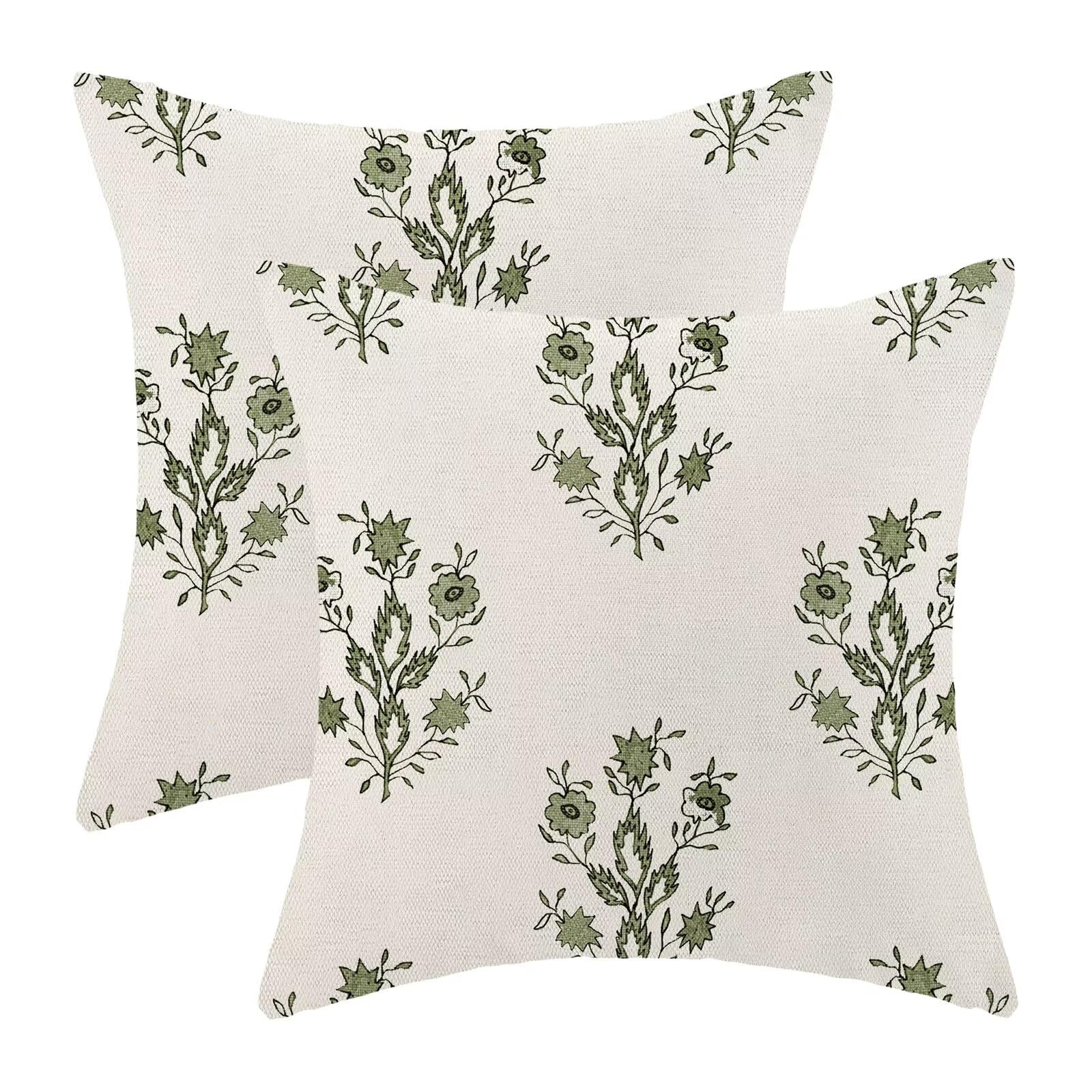 ZHOUYETAK Green Floral Pillow Covers 18x18 Inch Set of 2, Blockprint Flower Outdoor Decorative Wildflower Throw Pillows Neutral Floral Couch Cushion