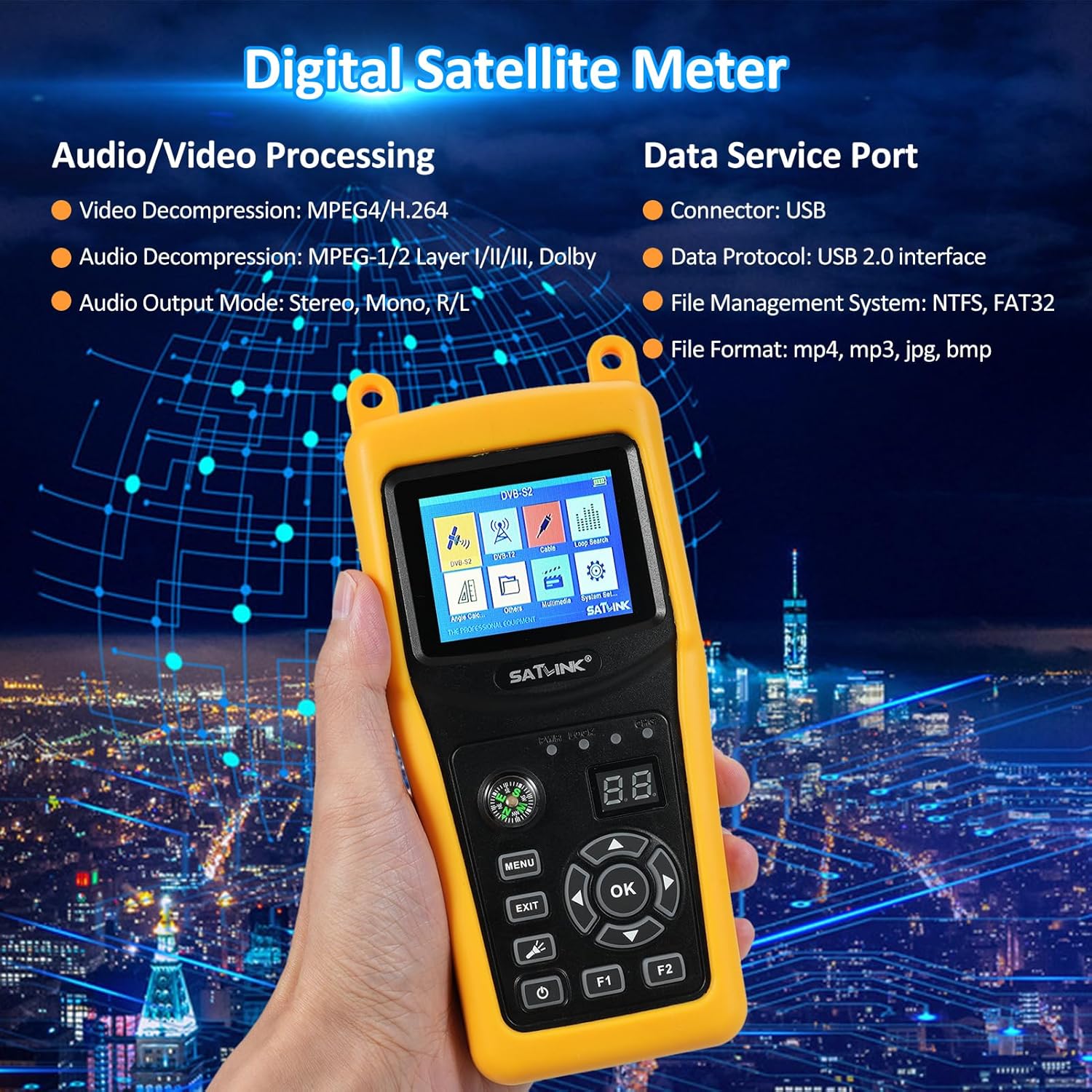 Diagram showing Satlink ST-5032 dimensions and satellite input connections