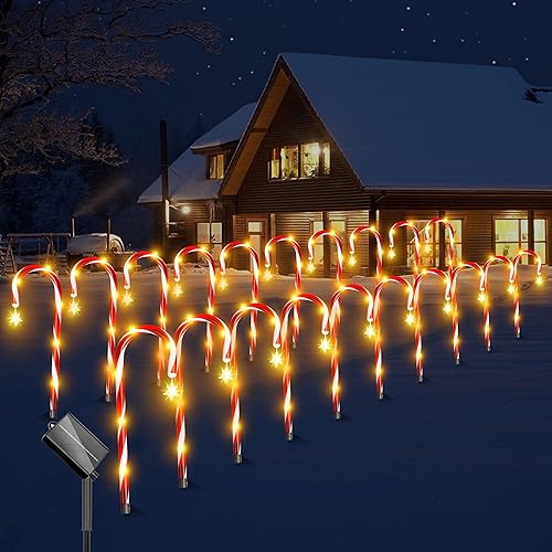 Paquete de 20 luces de bastón de caramelo luz solar mejorada para el camino de Navidad decoraciones de Navidad impermeables de bastón de caramelo