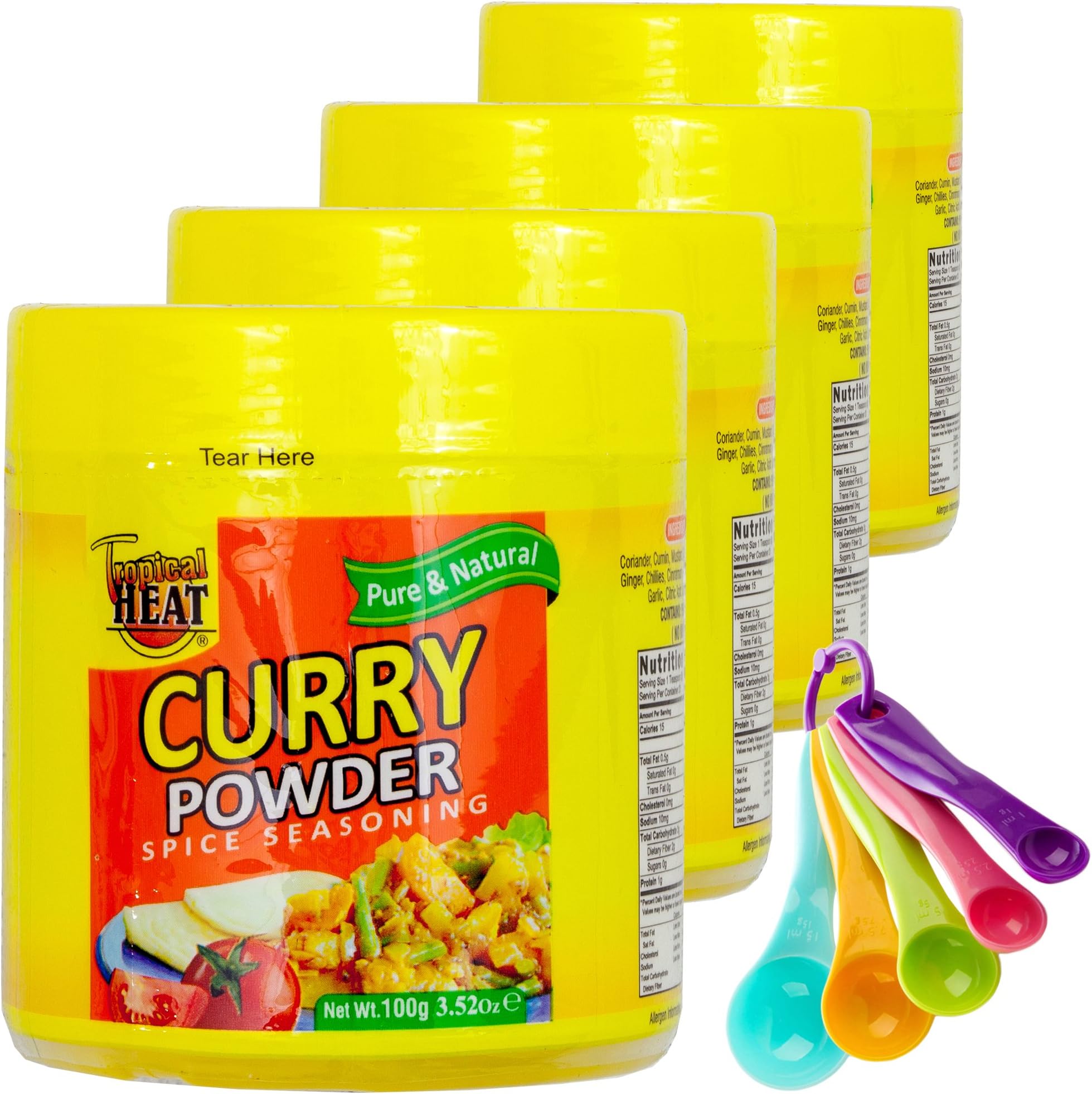 Curry Power Spices Seasoning Gourmet Collection Gift Set | All Pure & Natural Cooking Flavors. No MSG Added | 4 Vegetable Curry Mix Bottles & Free Measuring Spoons Set | Tropical Heat (Curry)