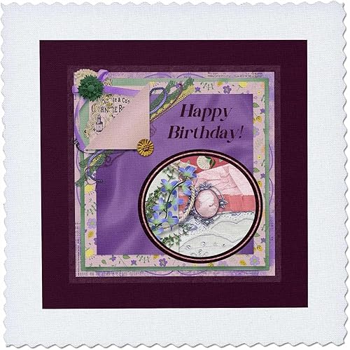 3dRose Image of Happy Birhday Cameo, Flora, Purple Cluster - Quilt Squares (qs-378328-3)