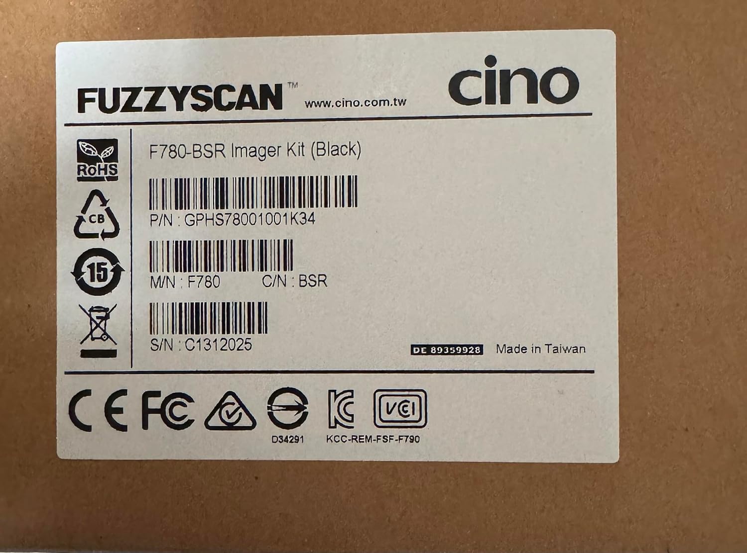 CINO F780 Barcode Scanner product label and box