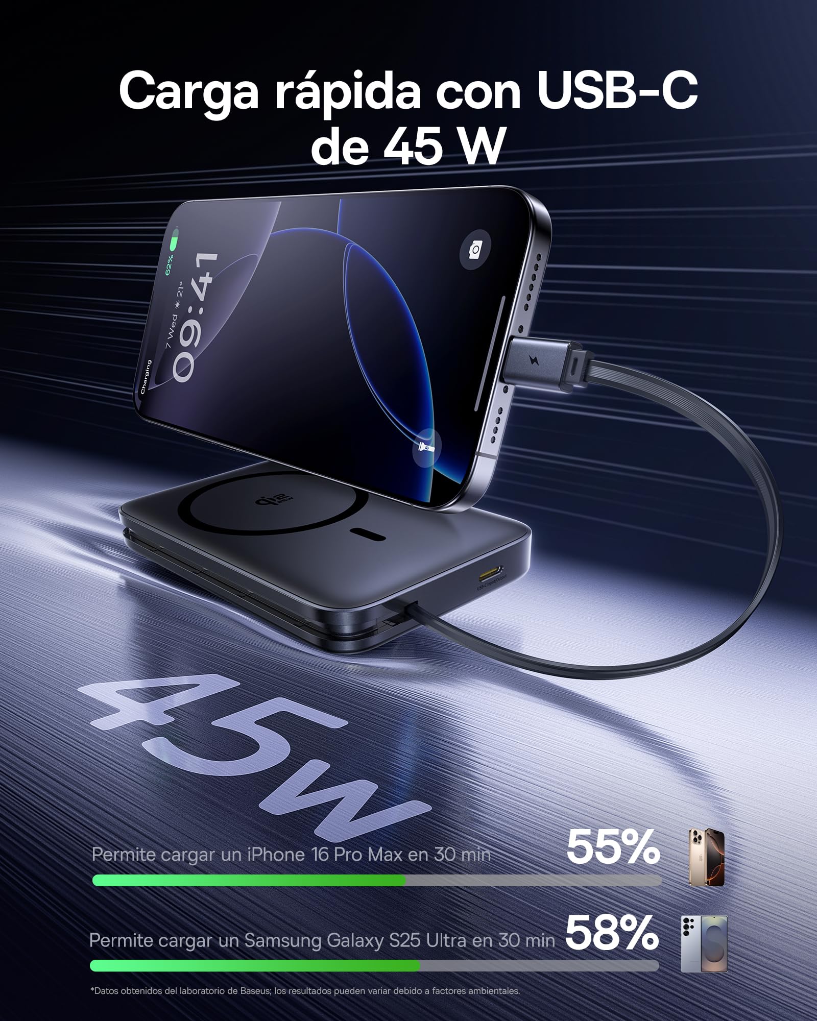 Baseus PicoGo Qi2.2 Certificado Batería Externa Portatil, PD USB-C 45W, Power Bank Magnetica Inalámbrico 25W, Powerbank 10000mAh Compatible con iPhone 17/16/15/14/13/12/Pro/Pro MAX Series