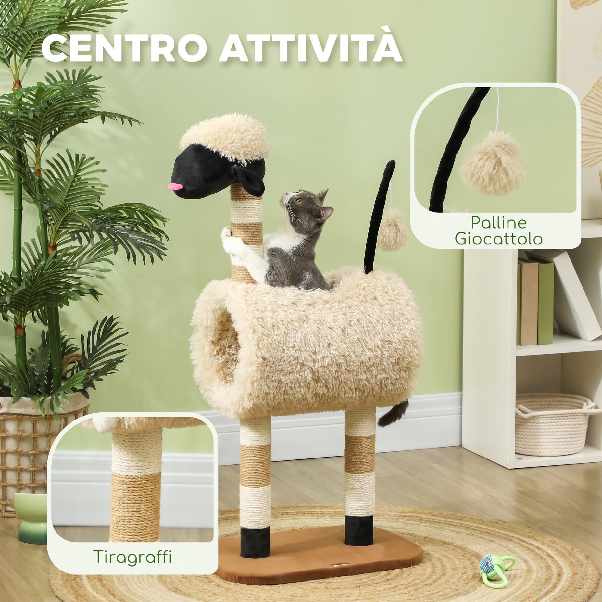 PawHut Albero Tiragraffi per Gatti con Tunnel 48x34x98 cm Marrone Chiaro