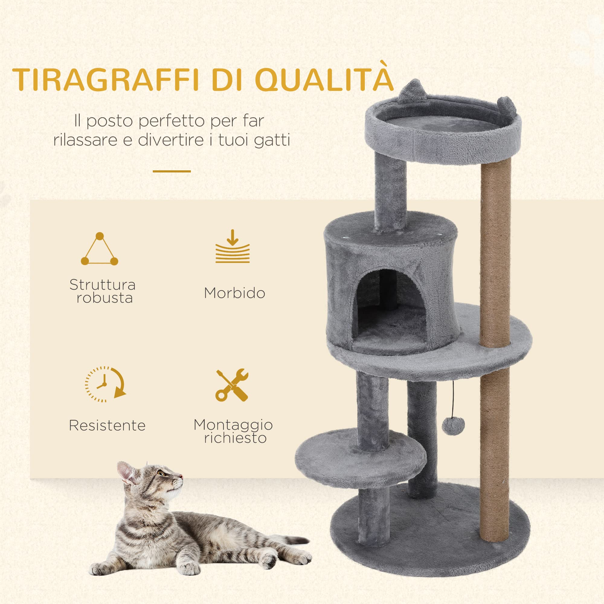 PawHut Albero Tiragraffi per Gatti a 3 Livelli 48x48x104 cm Grigio | Trespoli, Casetta, Pallina Appesa, in Legno, Sisal e Peluche