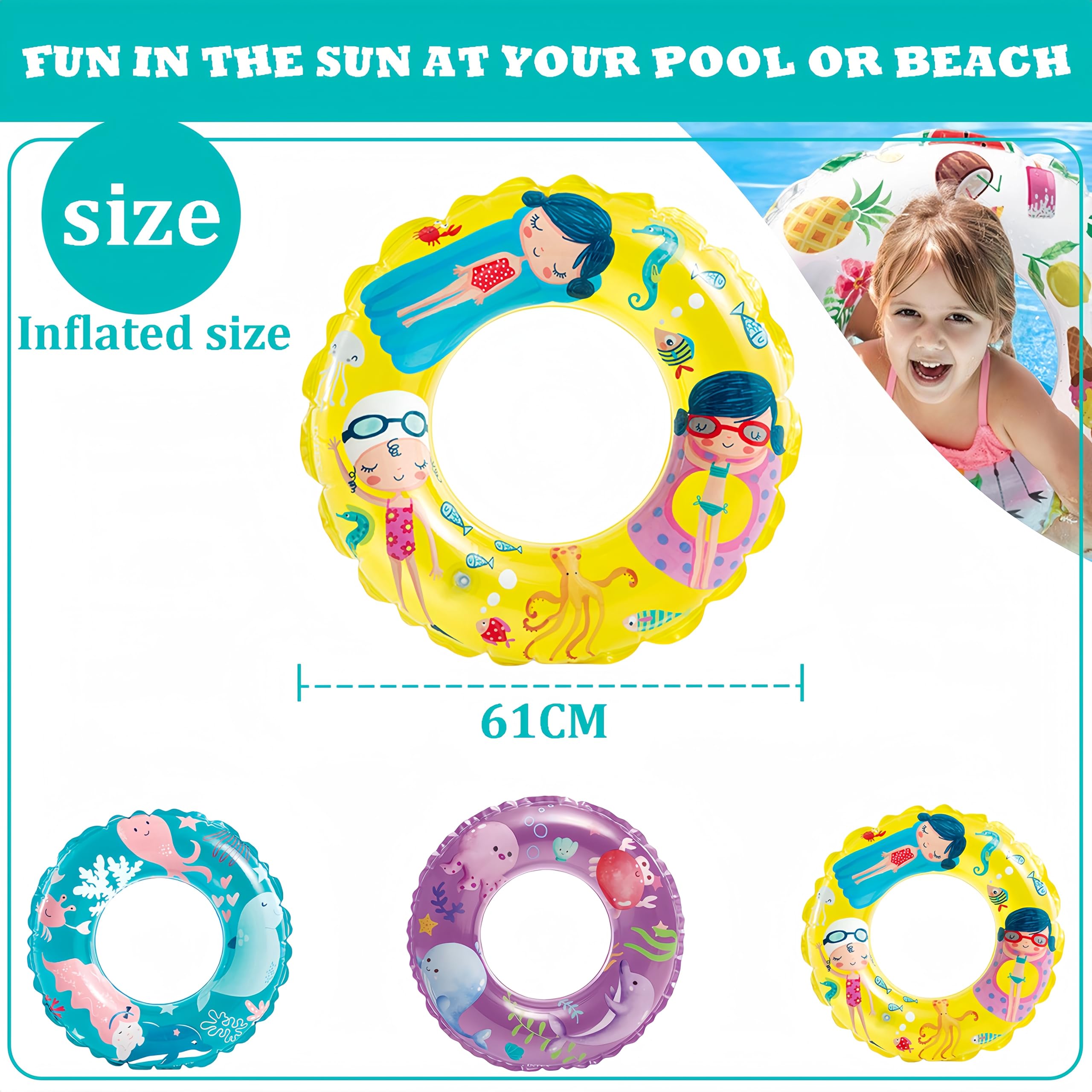 YAAVAAW Inflatable Rubber Ring Pool Toys for Kids,3pcs 61cm Ocean Swimming Ring Inflatable Pool Float,Swim Ring Floaties Pool Inflatables for Kids Girls Boys Swimming Pool Summer Beach Water Party Toy - Image 2