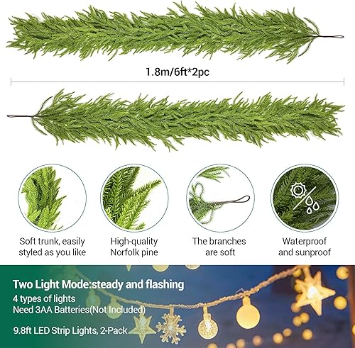 Miniatura 3 de 2 guirnaldas de Navidad de 6 pies con luces LED, pino Norfolk artificial, decoración navideña flexible y preiluminada para uso en interiores y
