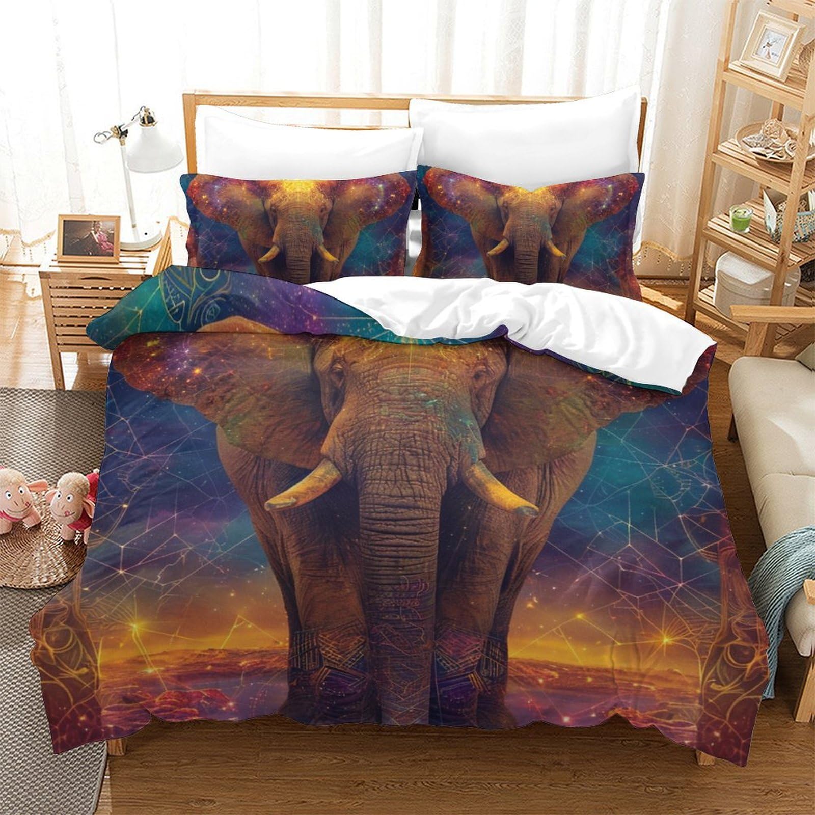 Housse de couette éléphant 3D avec 2 taies 200x200 pour grand lit enfant