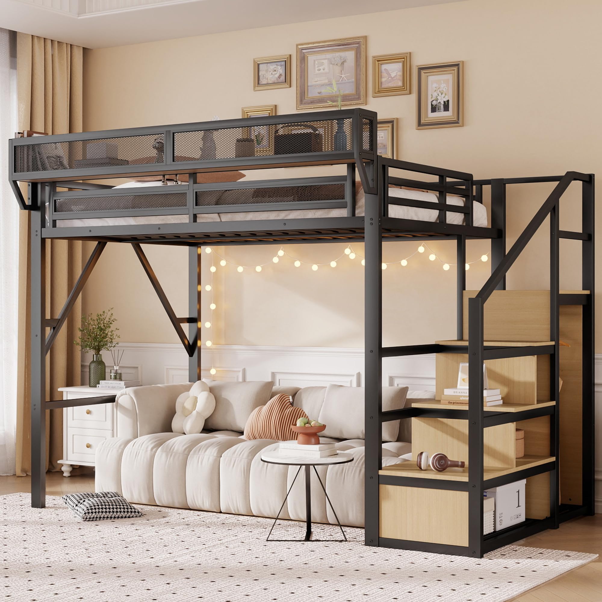 View 1 of ***Partial set***KEIKI Full Size Metal Loft Bed Frame with Staircase