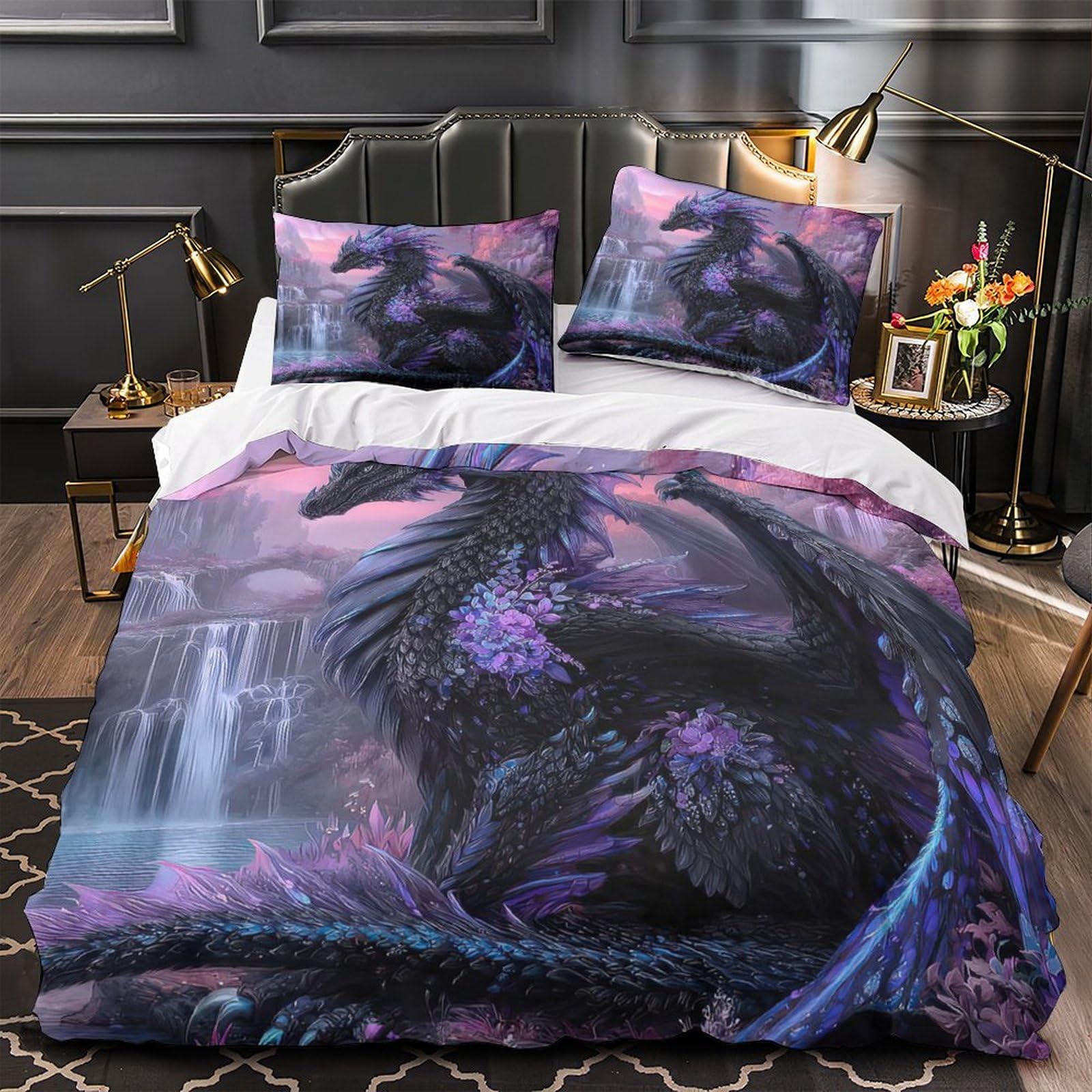 Parure de lit dragon 3D douce et respirante avec 2 taies d'oreiller