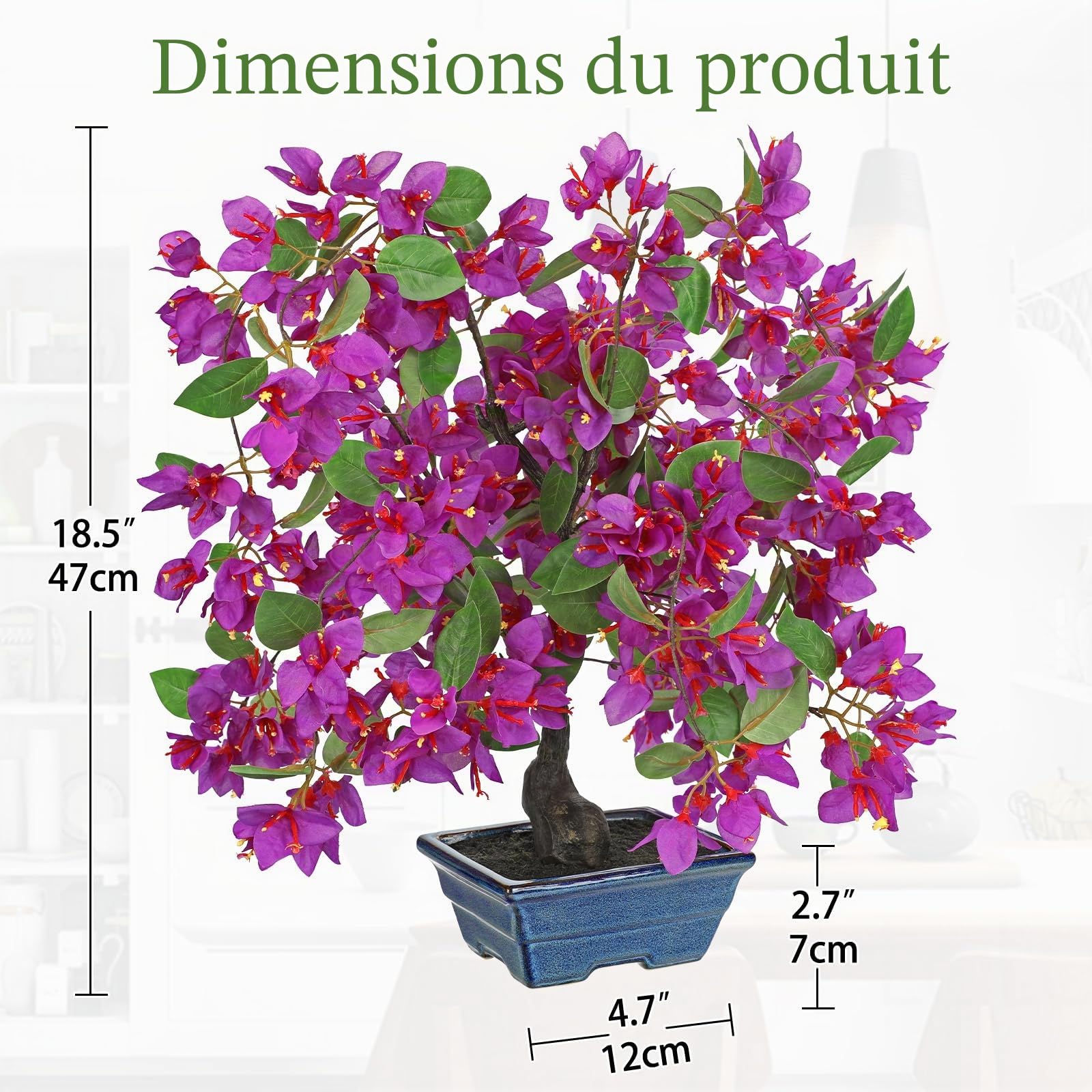 Fleurs artificielles en pots 47 cm de haut, plantes de bougainvillées artificielles avec pot en céramique bleu, fausses plantes de bougainvillées violettes en soie pour décoration de printemps