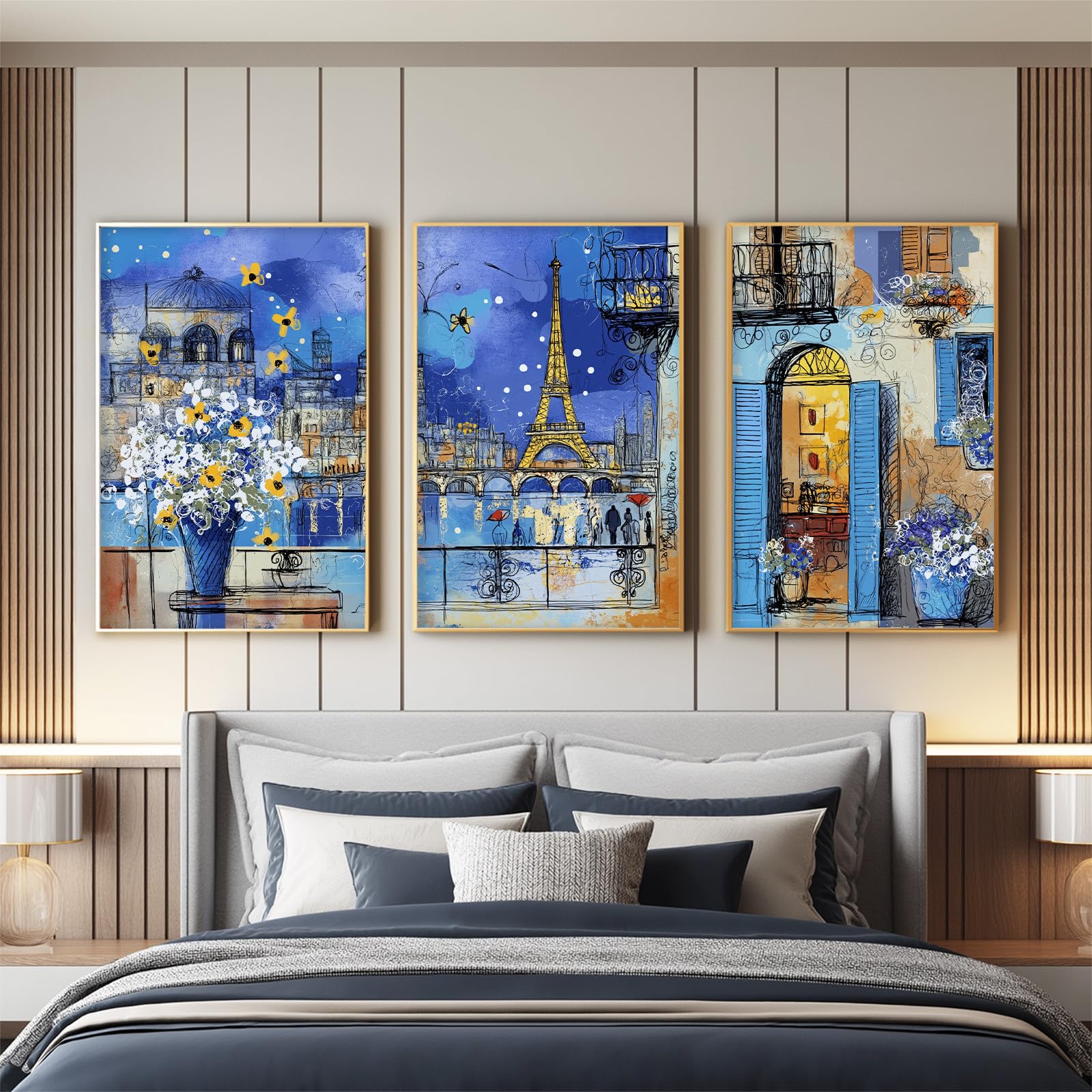 Generisch 3 piezas de arte mural pósteres, paisaje urbano estético murales para sala de estar dormitorio decoración, impresionista Torre Eiffel flor noche romántico lienzo imágenes 42 x 59,4 cm x 3