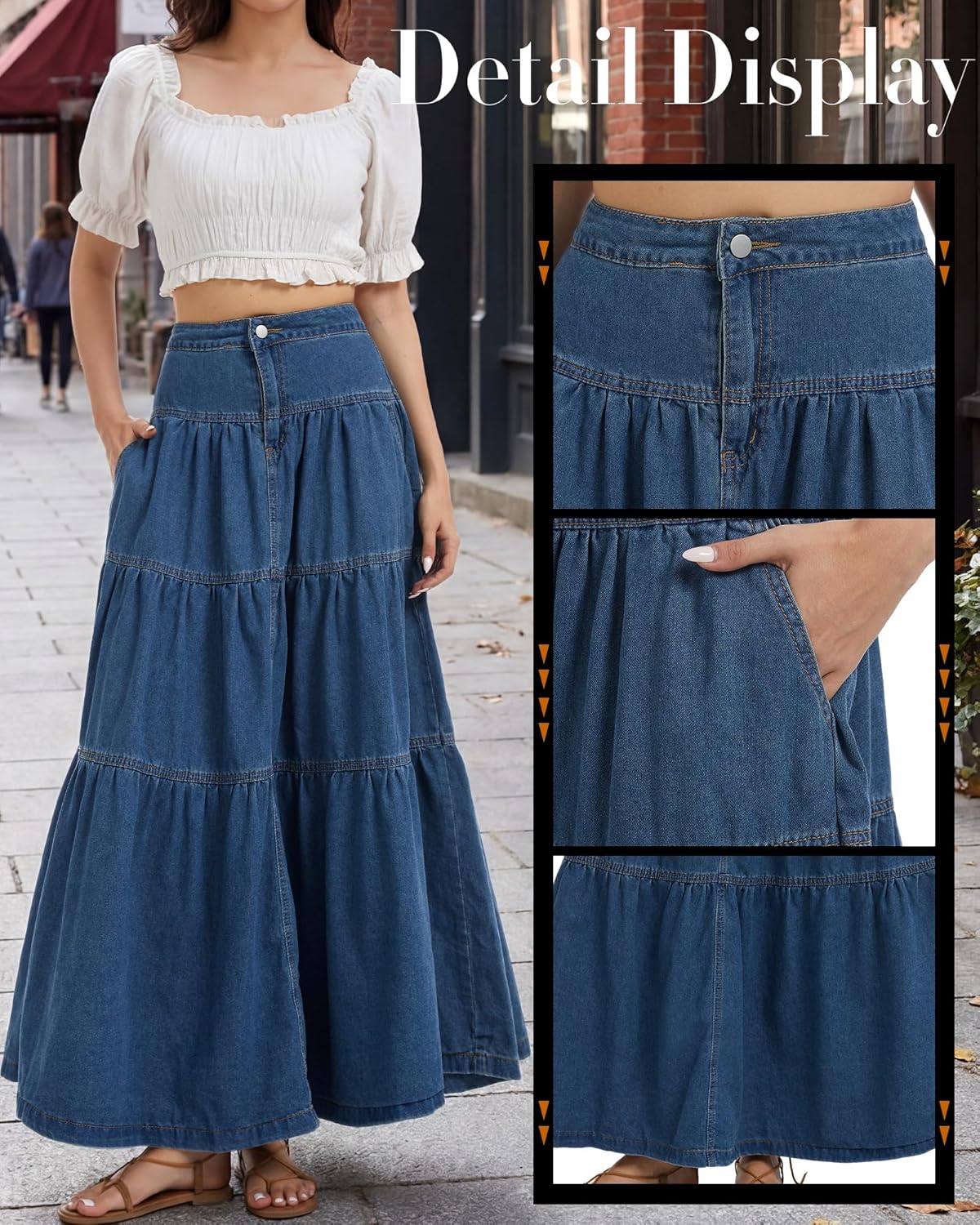 Women’s Long Jean Skirt High Waist Tiered Ruffle Denim Maxi Skirts Flowy Swing A-Line Denim Skirt with Pockets - Image 6