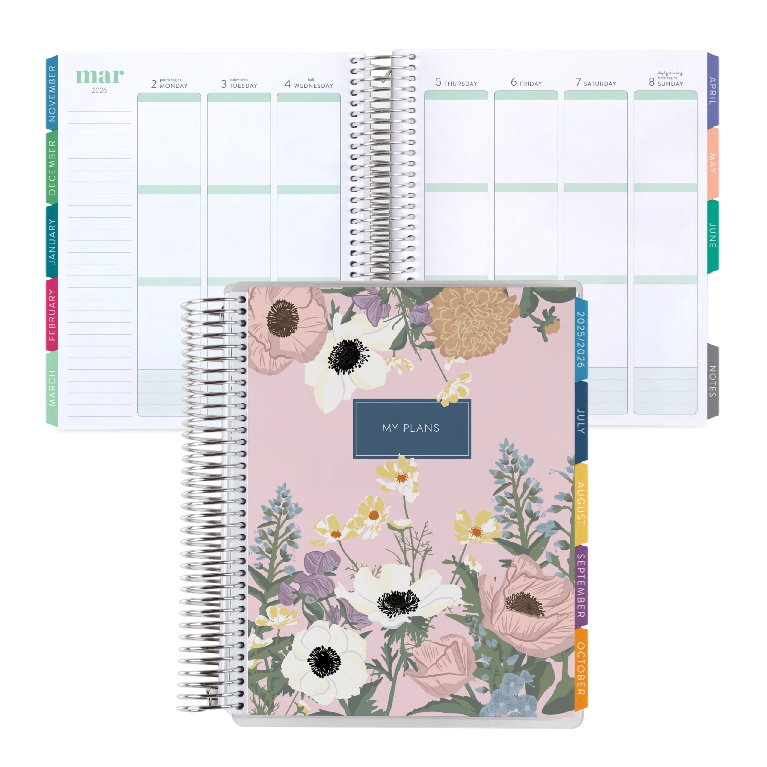 7x9 Coiled Life Planner (January 2026 - December 2026) - Bouquet classic cover, vertical layout, Hexagon theme, platinum coil
