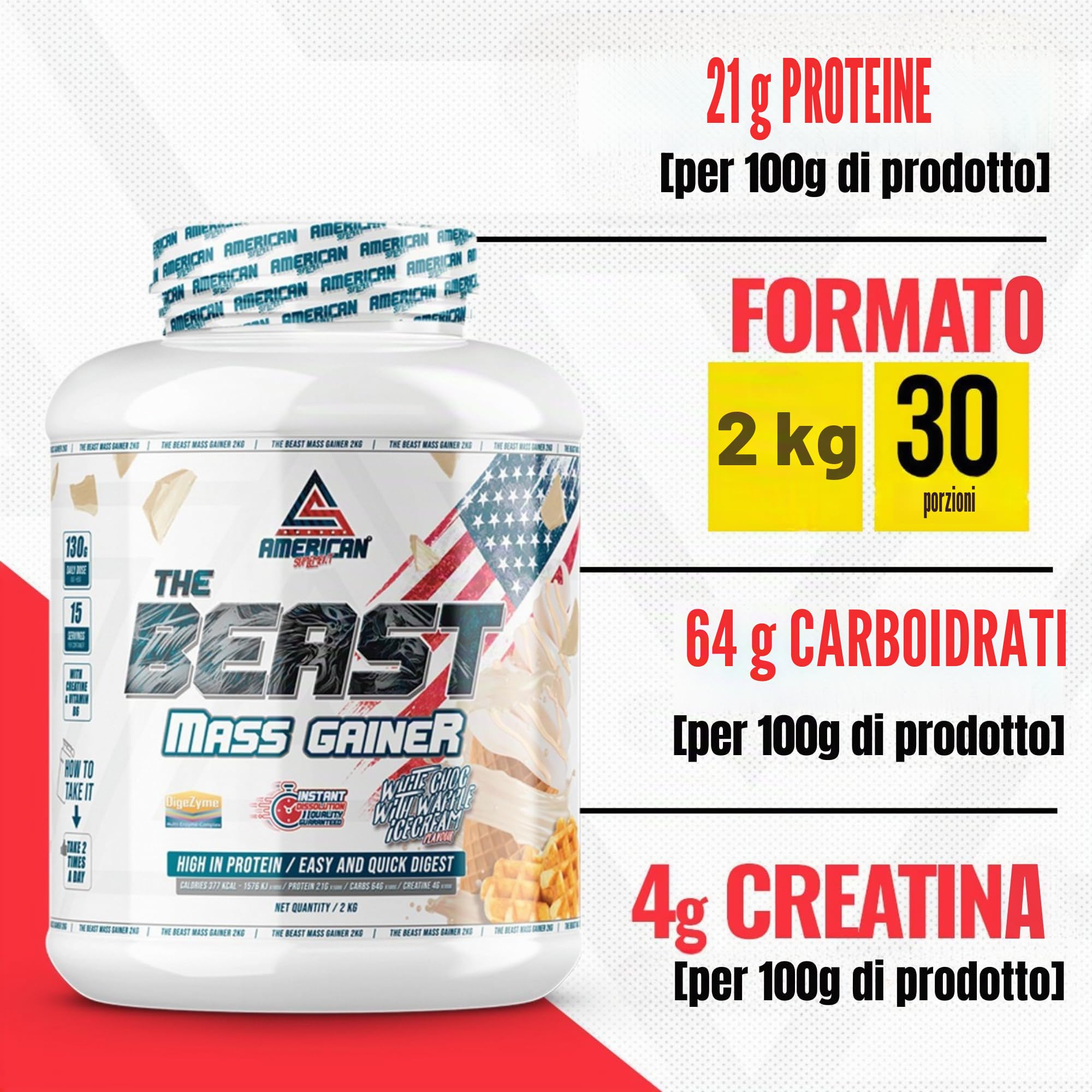 Mass Gainer 2kg | Ricco di Carboidrati e Proteine | Aiuta ad Aumentare di Peso e Massa Muscolare | Con Creatina (2 kg (Paquete de 1), Vaniglia)