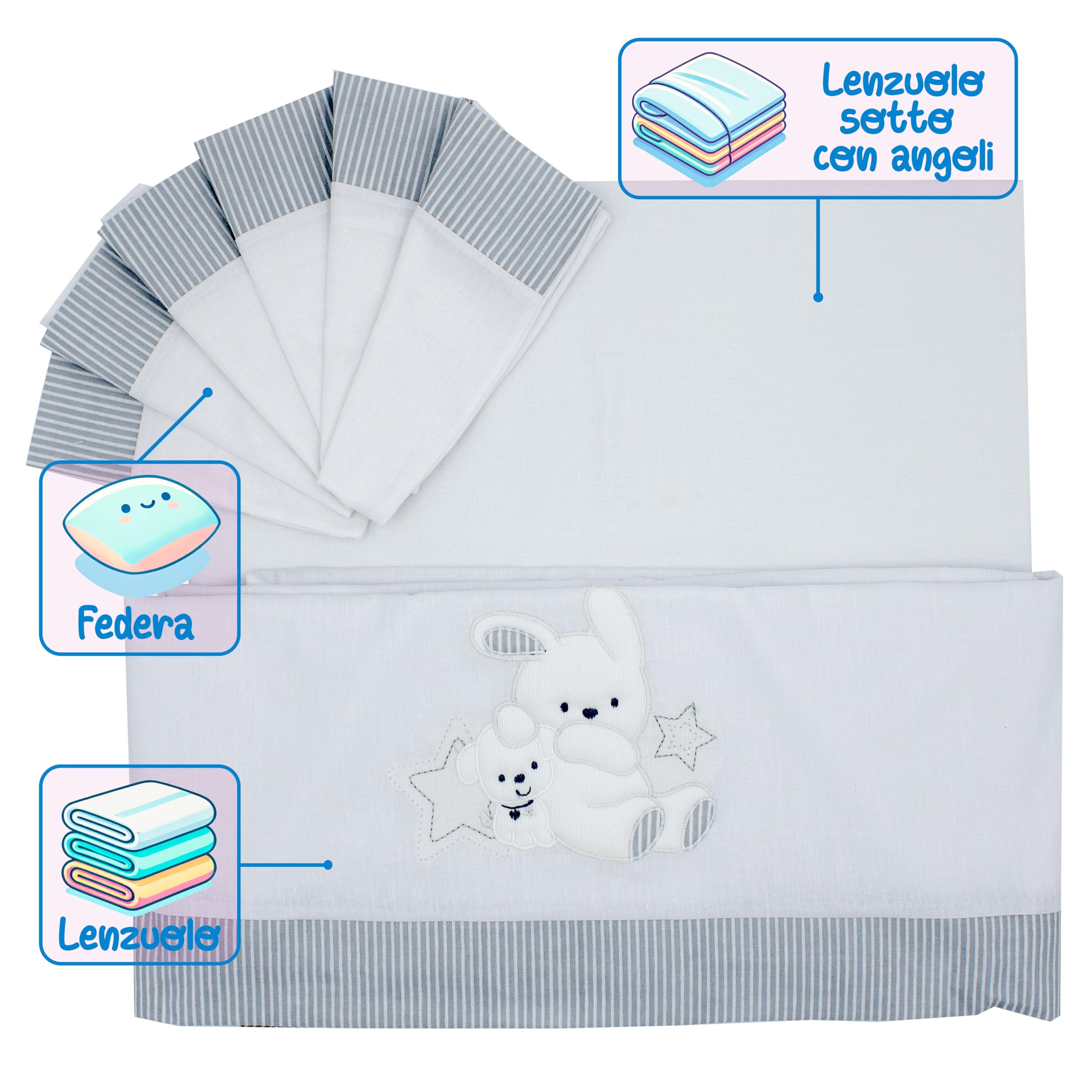 PASTELLO - Juego de cama para cuna de 3 piezas, 100% algodón para recién nacidos, juego completo de sábanas con bordado (Art. LL1F, PERLA)