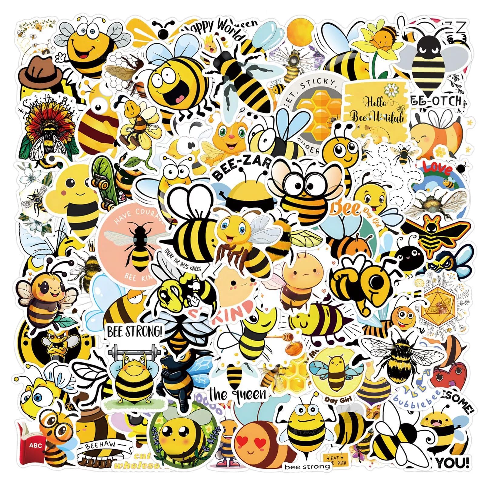 100Pcs Cute Bee Stickers Laptop Car Scrapbook Phone Skateboard Suitcase Luggage Bike Funny Bees Animal Vinyl Waterproof Aesthetic Personalised Stickers for Teens Boys Girls Adults