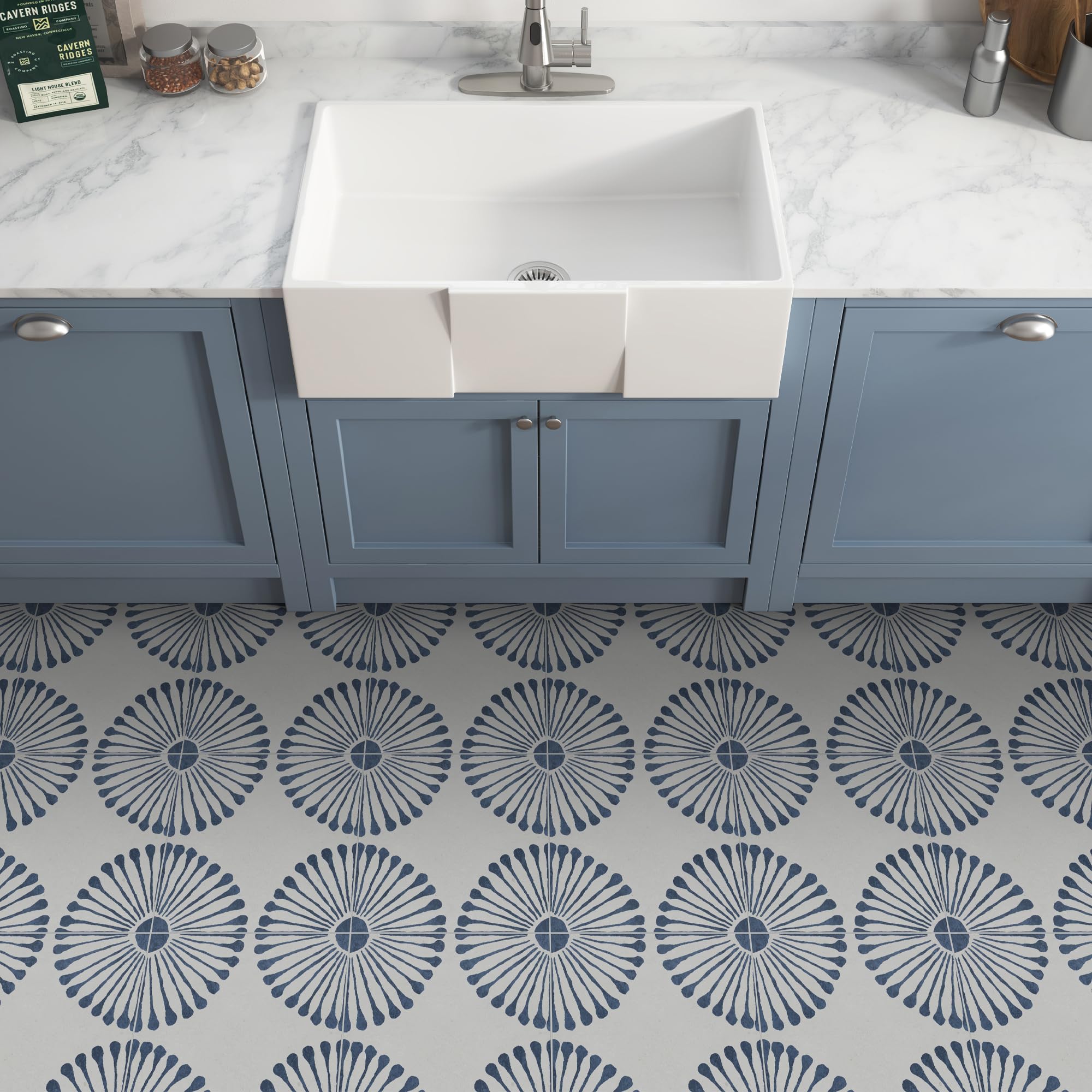 Azulejos de suelo y pared para baño y cocina, vinilo SPC, autoadhesivo, 9 x 9 pulgadas, diseño de girasol azul, 16 azulejos, 9.12 pies cuadrados
