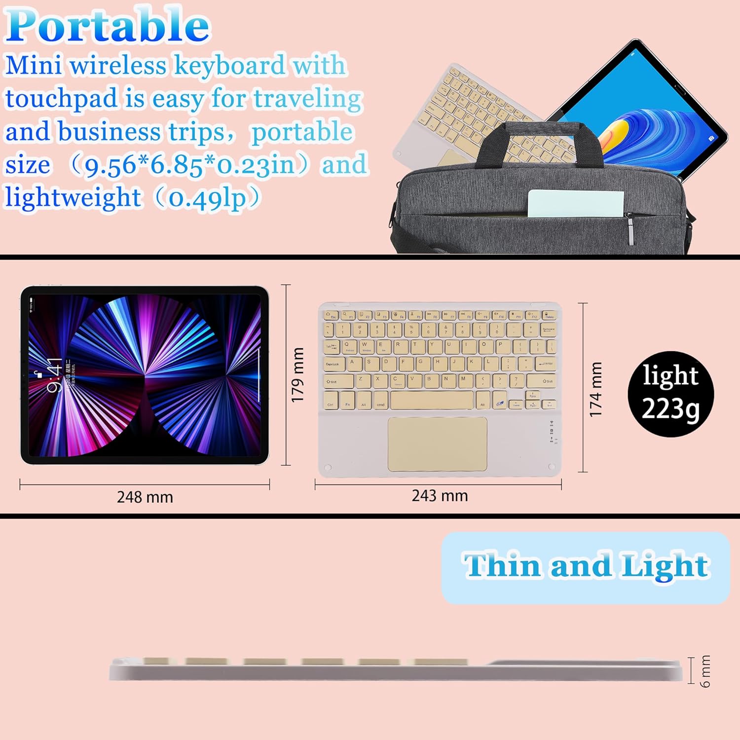 Diagram showing the dimensions of the keyboard and a tablet, indicating the keyboard's thin profile and light weight.