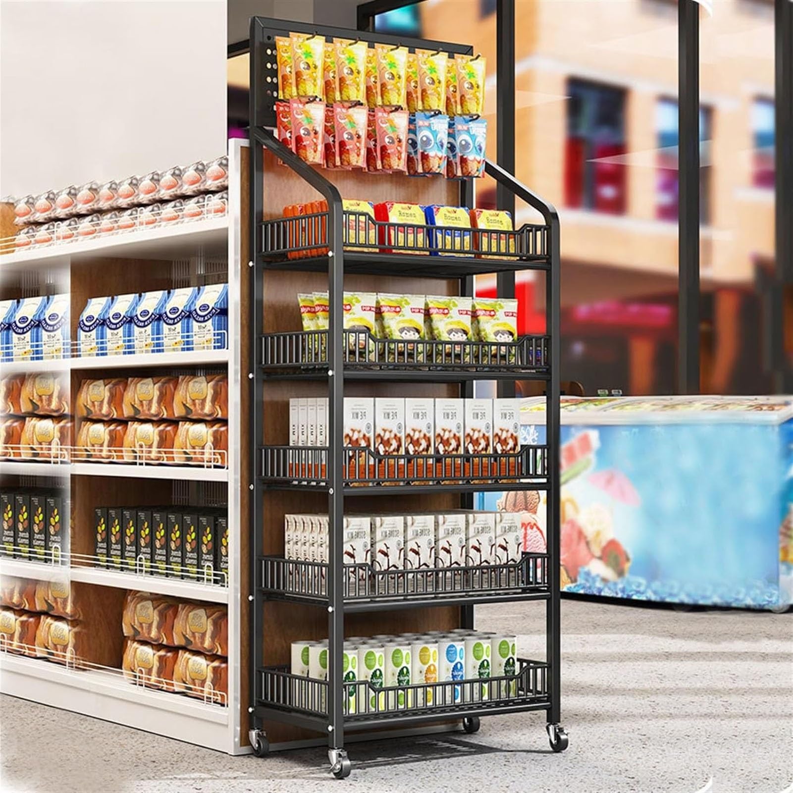 Estantería de 5 Niveles para Tiendas, Organizador de mostrador para Snacks, Estante metálico para Guardar Snacks, Frutas y Herramientas, Estante con Ruedas, Puesto de Venta portátil para CIN