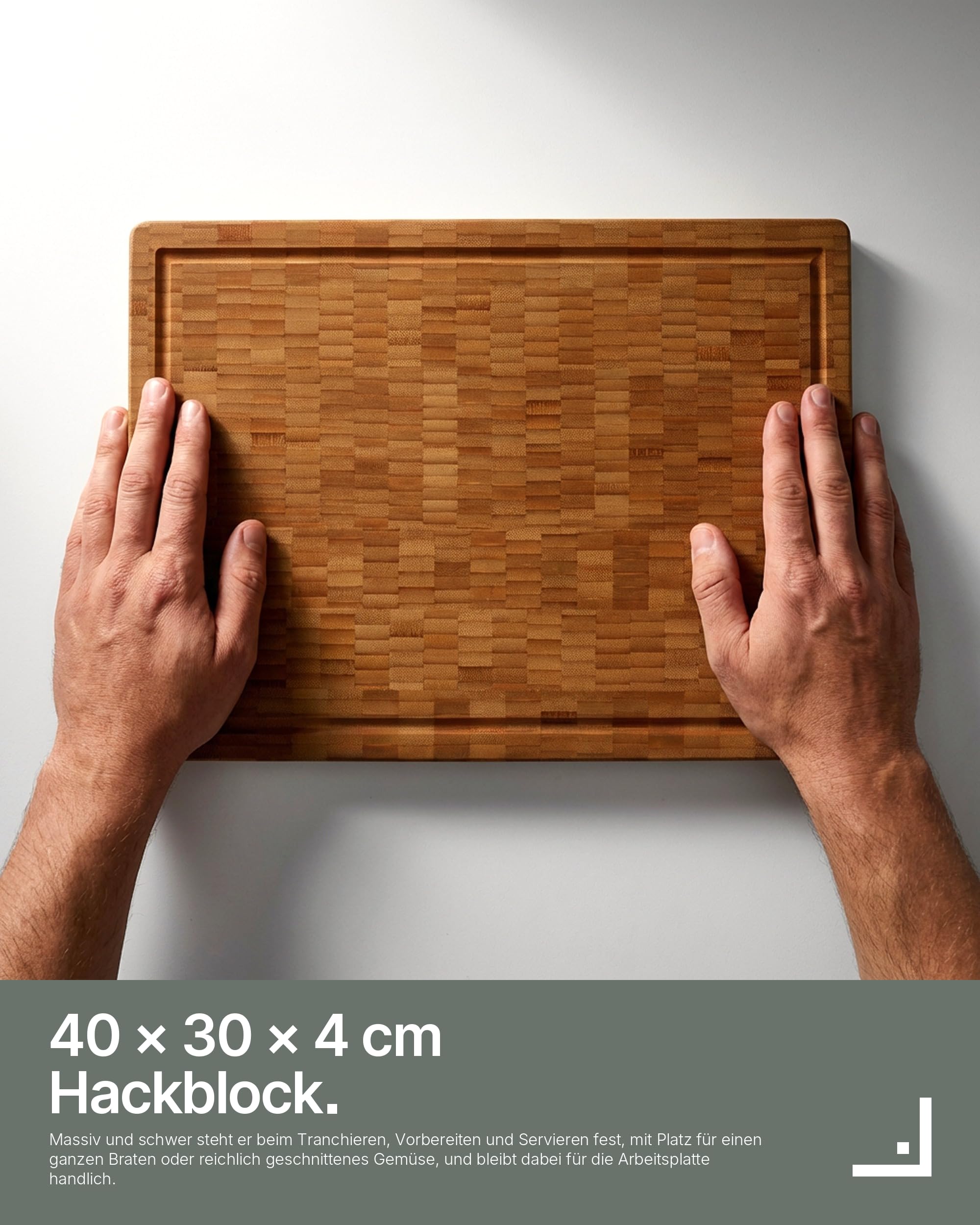 LARHN Stirnholz Hackblock Bambus massiv - 40x30x4 cm - Schneidebrett Holz | Messerschonend, Saftrille, Griff, vorgeölt, wendbar, plastikfrei, für Fleisch, Gemüse, Brot, Käse & Wurst