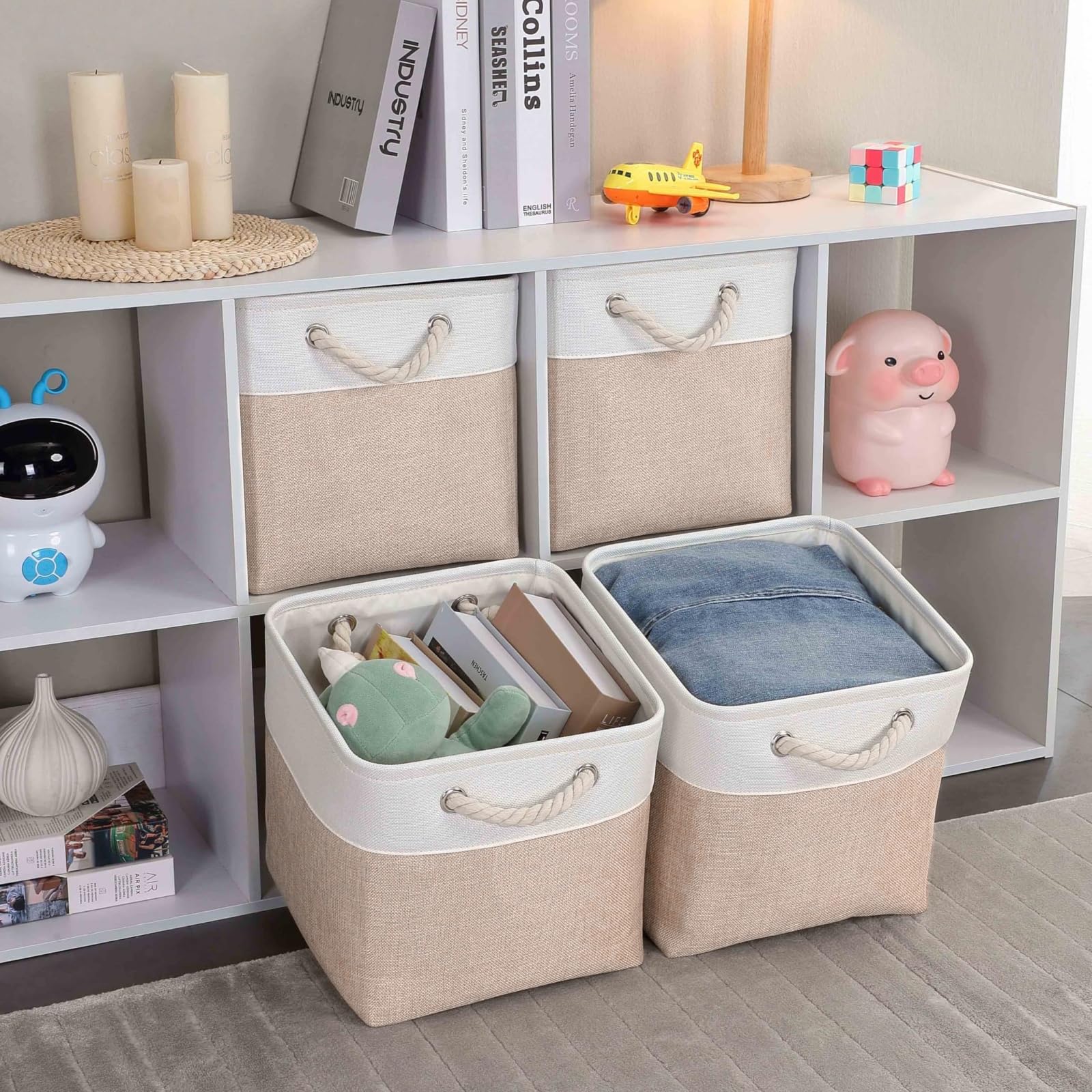 33x38x33 Aufbewahrungsbox, Aufbewahrungskorb Stoff für Schrank Regal und Kleidung,Waschbar(Helles Khaki/Weiß, 6 Pack)