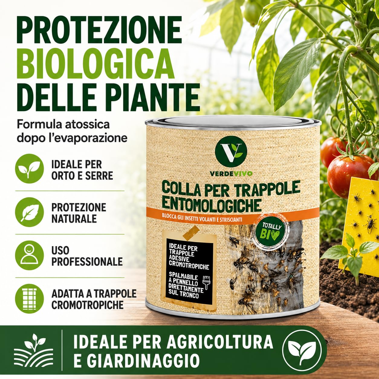 Colla Pennellabile per Insetti 750ml, Made in Italy - Colla per Trappole Cromotropiche Mosche e Insetti Volanti - Adesivo per Frutteto, Orto e Piante - Rimedio Insetti Striscianti e Giardino