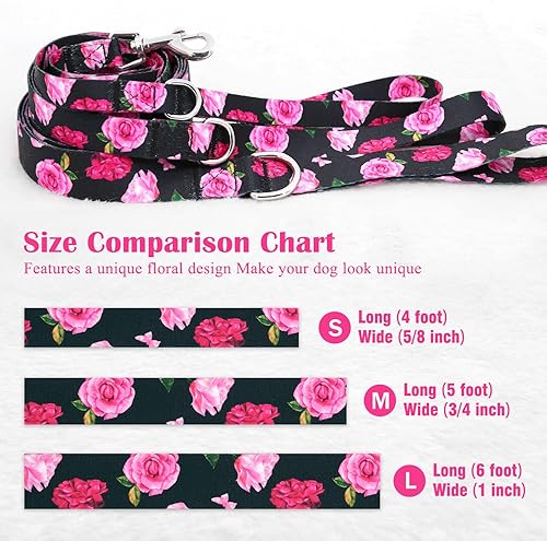 Miniatura 5 de Correa de perro negra con diseño floral para cachorros, perros de raza pequeña, correa de perro de 4 pies
