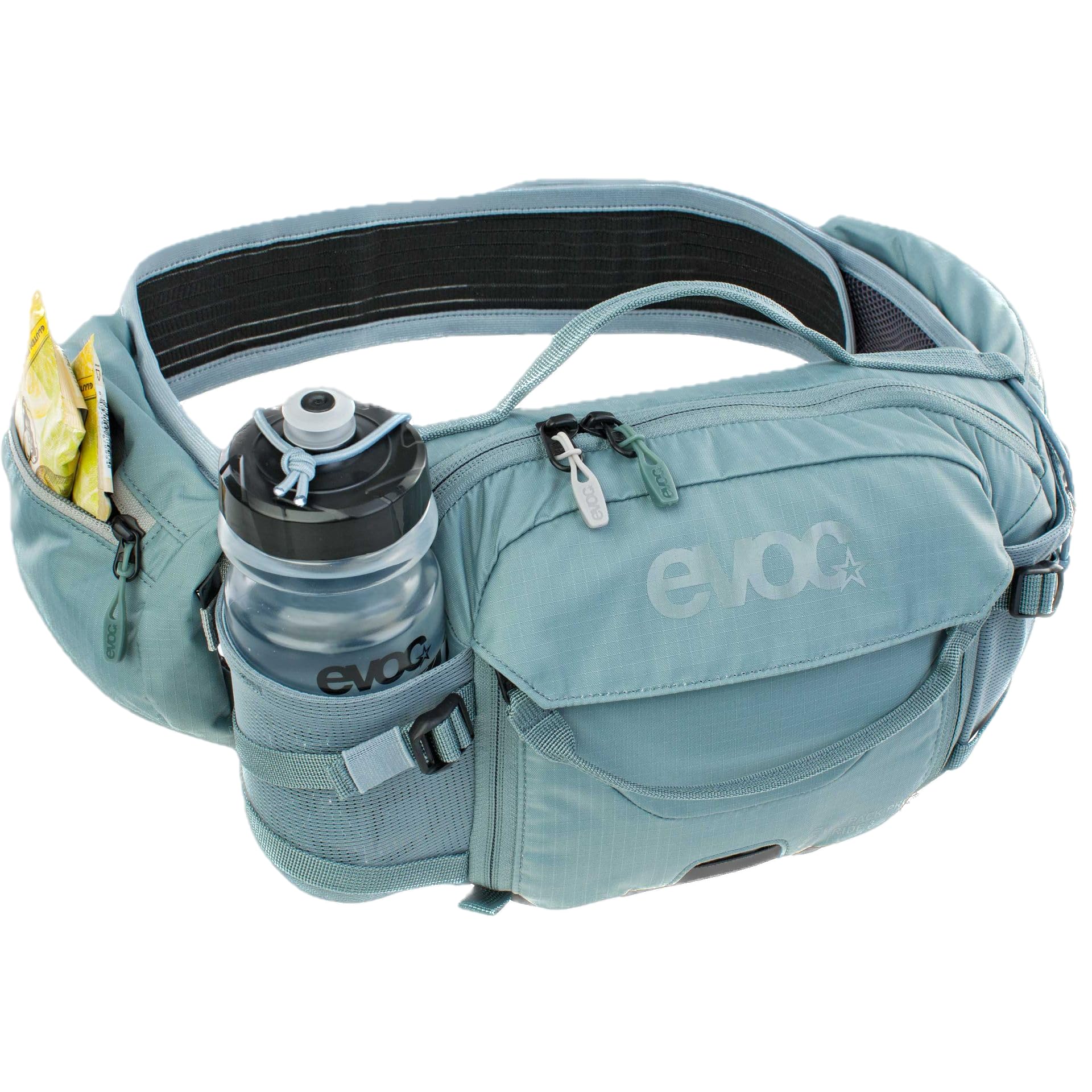 Torba biodrowa EVOC HIP PACK PRO E-RIDE 3 na wycieczki rowerowe i szlaki (pojemność 3 l, AIRFLOW CONTACT SYSTEM, pas biodrowy AIRO FLEX, system VENTI FLAP, koszyk na bidon), kolor: stalowo-szary
