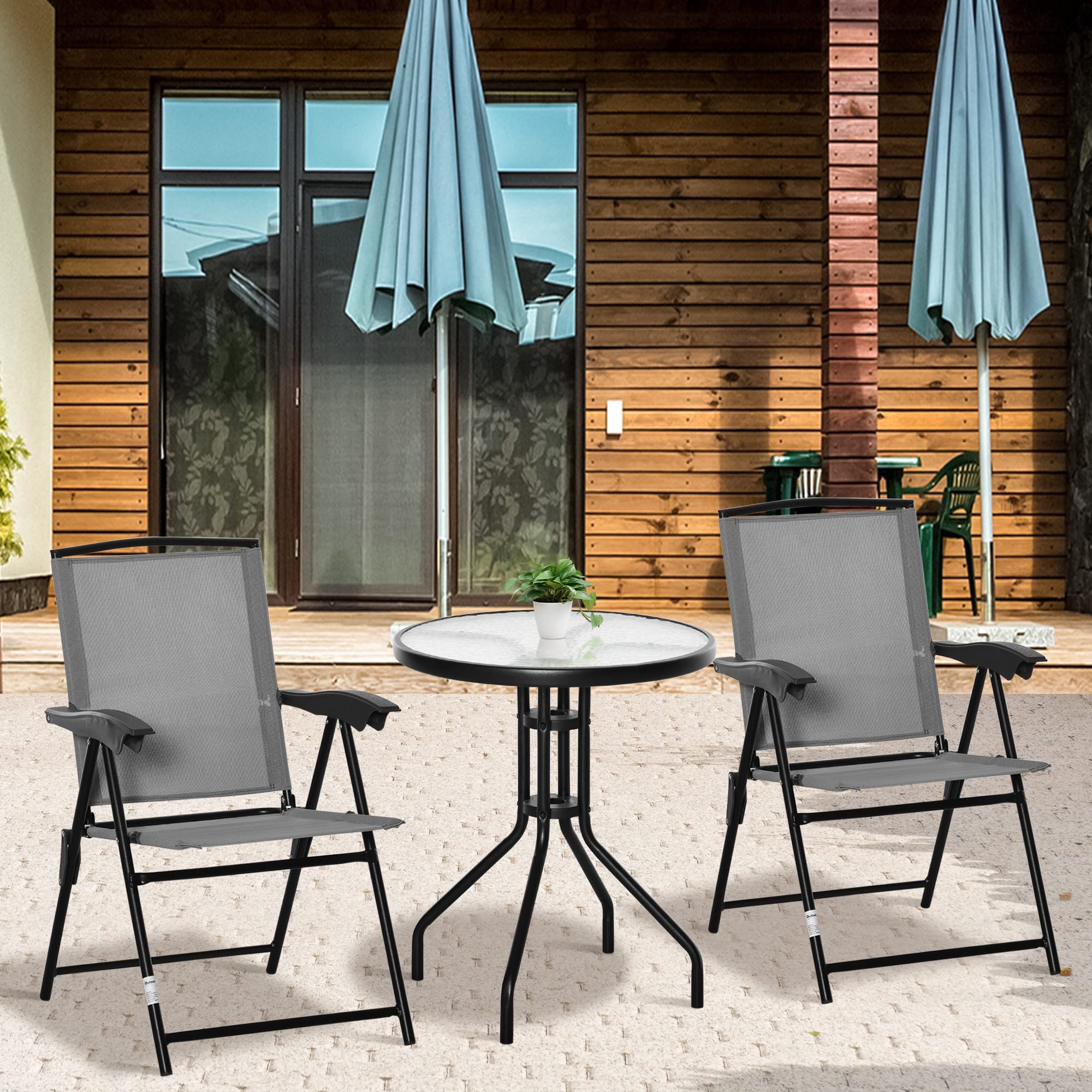Outsunny Ensemble de Jardin 3 pièces 2 chaises inclinables Multi-Positions Pliables + Table Ronde Verre trempé métal textilène Gris