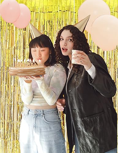 Miniatura 5 de Prudance 2 cortinas de flecos de papel de aluminio dorado para telón de fondo de fotos, adecuado para cumpleaños, discoteca, fiesta, graduación,