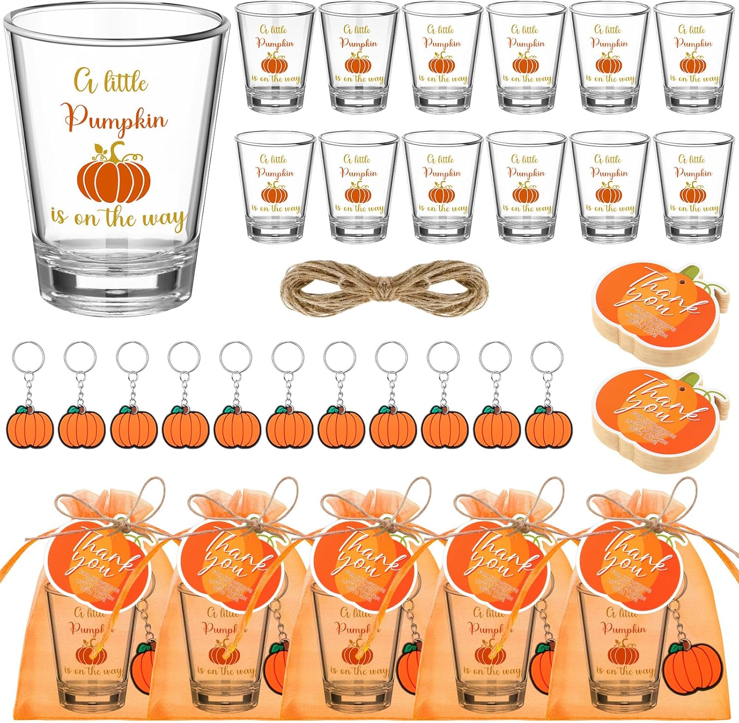 Roshtia 36 Set Pumpkin Baby Shower Favors for Guests Clear Acrylic Shot Glasses Thank You Tags Keychains Organza Bags Pumpkin Party Supplies for Girl Gender Reveal Favor