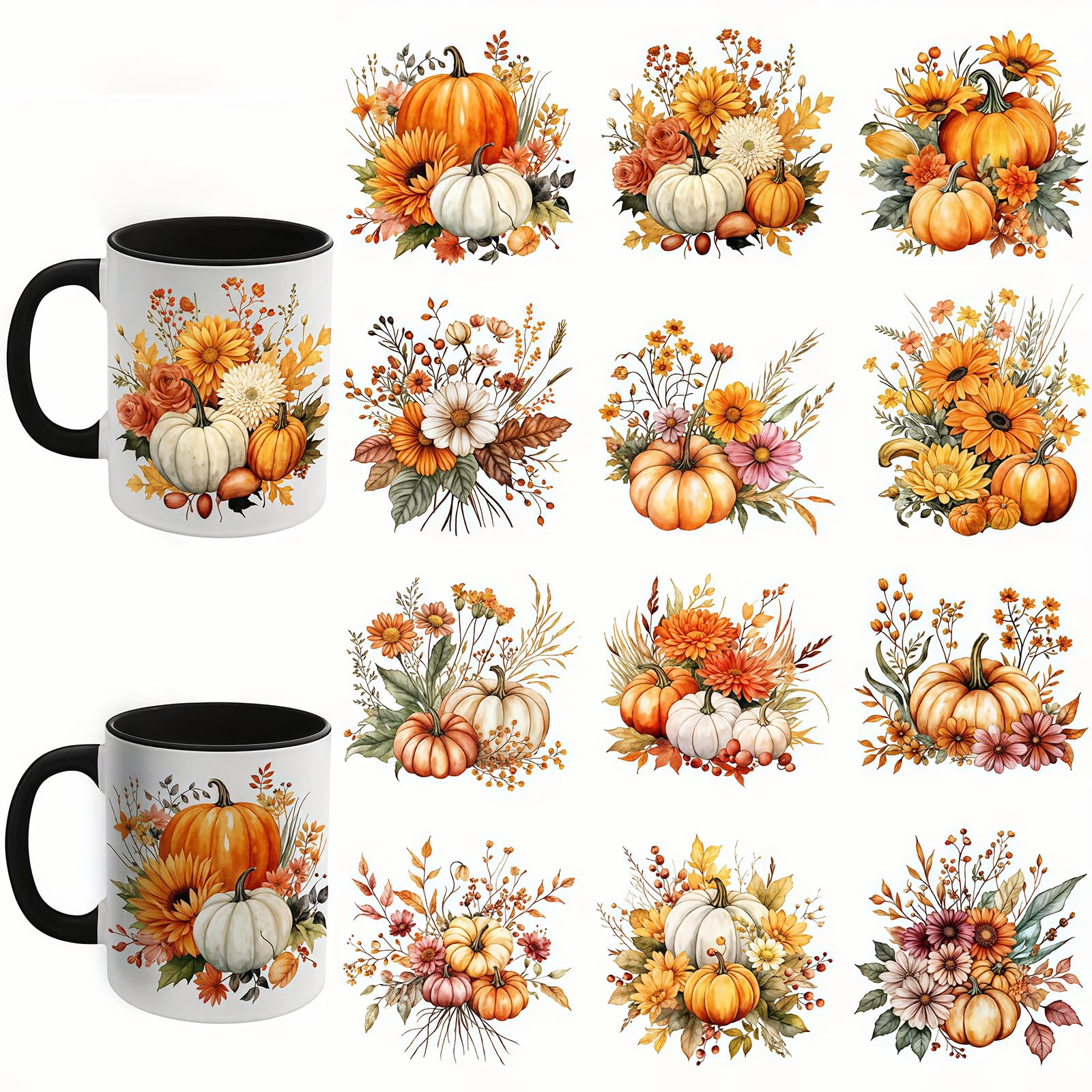 12pcs Pumpkin Flowers UV DTF Cup Wraps Transfer Waterproof Sticker for Glass Cups Furniture Craft DIY Crafts，Rub on Transfer Stickers for DIY Water Bottle Laptop Decal Wood Car