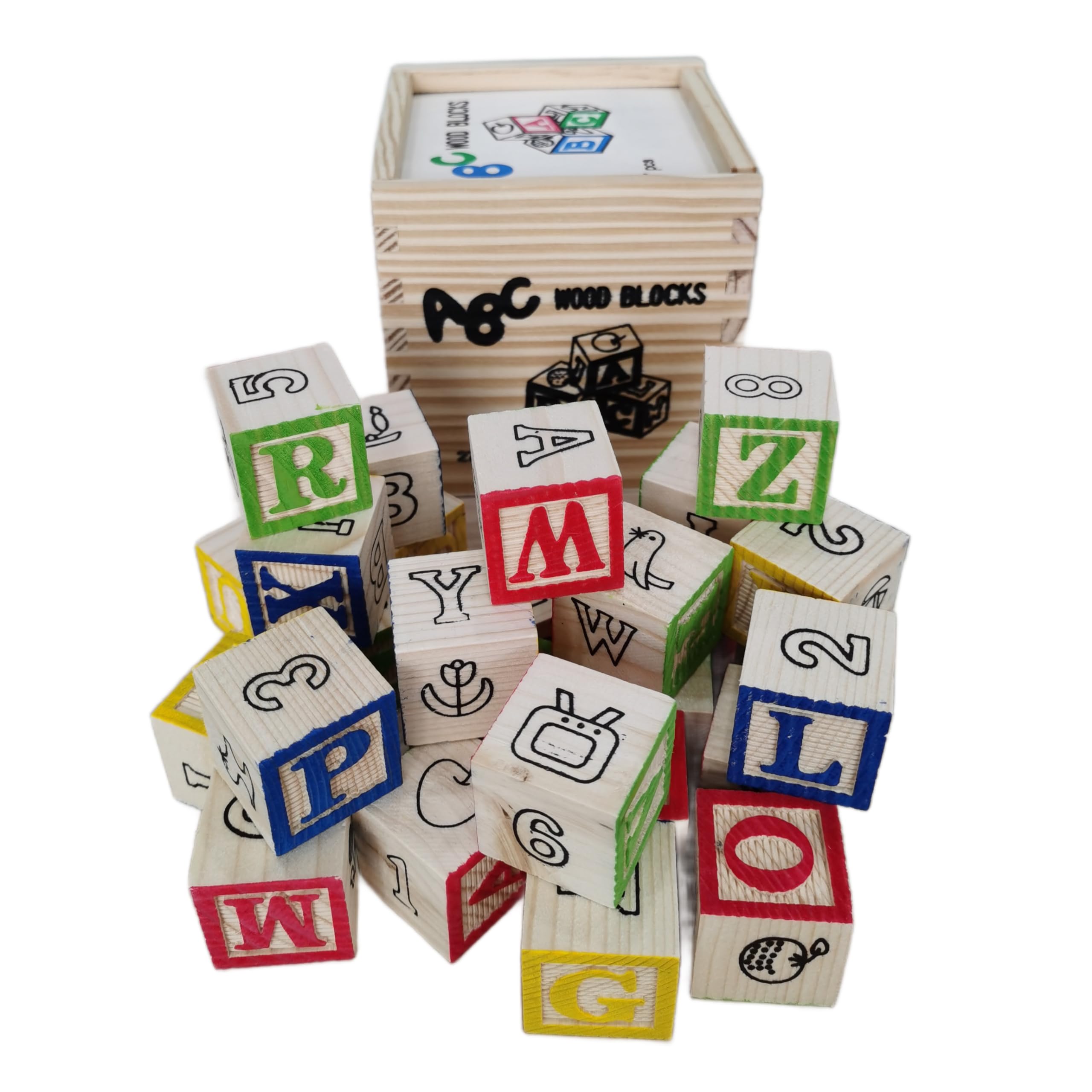 BEACENOV Wooden Baby Block Set with Alphabet Numbers Patterns for Preschool Learning, Toddler Montessori Educational Wooden Toys for Baby Boys or Girls Gift, Wood ABC Letter Blocks & 123 Number Blocks