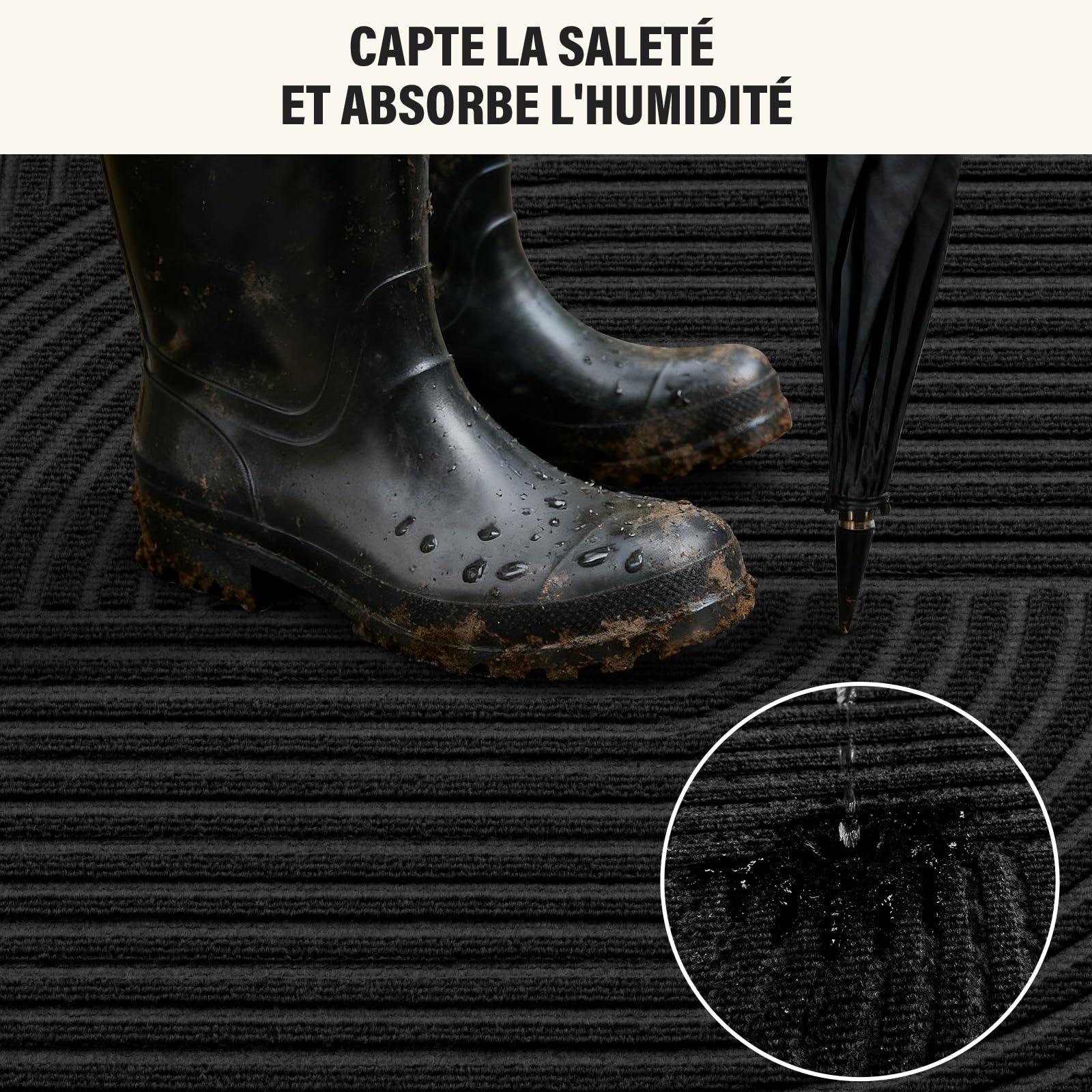 Tapis Entrée Intérieur Motif Vague Symétrique, 60x90cm-Noir | Paillasson Attrape-Poussière Antidérapant, Absorbant, Tapis de Porte Profil Bas et Lavable pour Cuisine,Chambre, Couloir