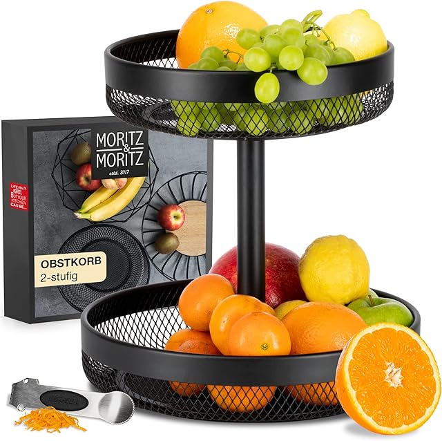 Moritz & Moritz Tiered Fruit Basket Black Metal  Ø30,5/Ø25 x 30cm  Modern Fruit Bowl large Black  Fruit Basket Etagere in Black for keeping fruit, vegetables and bread