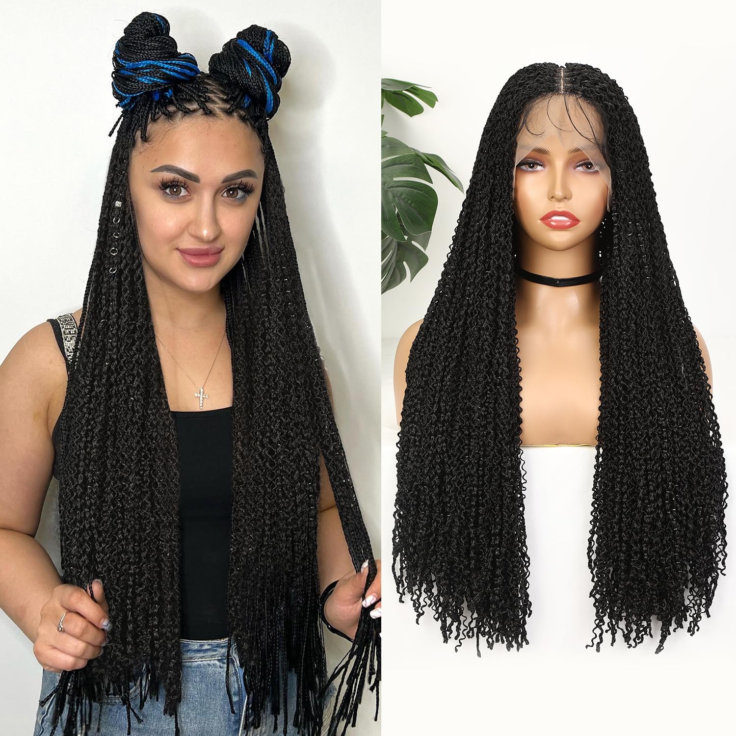 FAVE Micro Curly Box Braid Wig 11X5 Double Lace Front Braided Wigs Pre-Plucked with Baby Hair 28 IN Black Synthetic Lace Front Braided Wig Braided Lace Front Wigs For Black Women (Braided-1B)