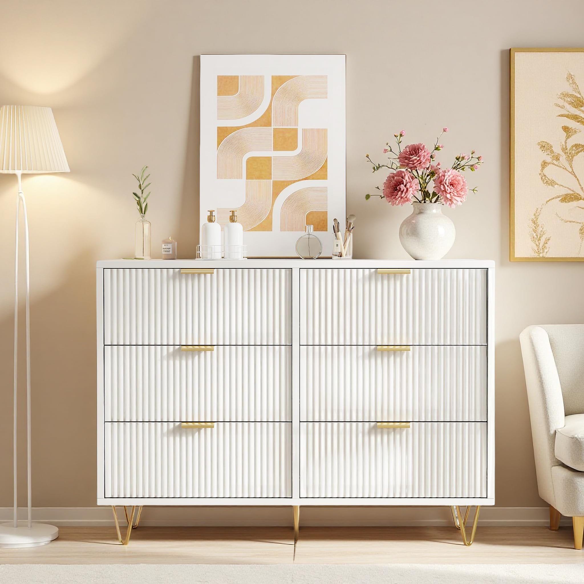 Commode Blanche 6 tiroirs, Commode Chambre Meuble de Rangement Moderne avec poignées et Pieds dorés pour Salon, Chambre, Bureau (Blanc A-6 Tiroirs, 100l x 34P x 73H cm)