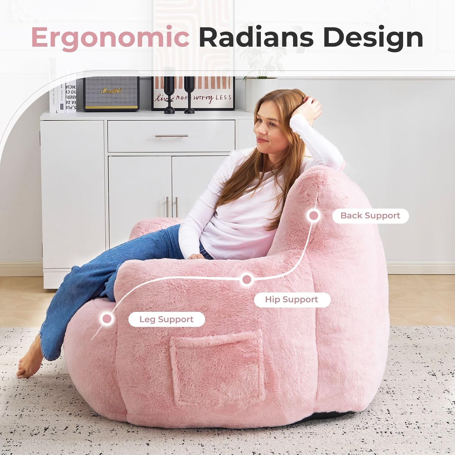 Giant Bean Bag Chair for Adults, Oversized Bean Bag with Filling Plush Fluffy,BeanBag Lazy Sofa Couch with Armrest for Living Room, Cat Shaped Beanbag Couch with Sidepocket for Bedroom,Pink