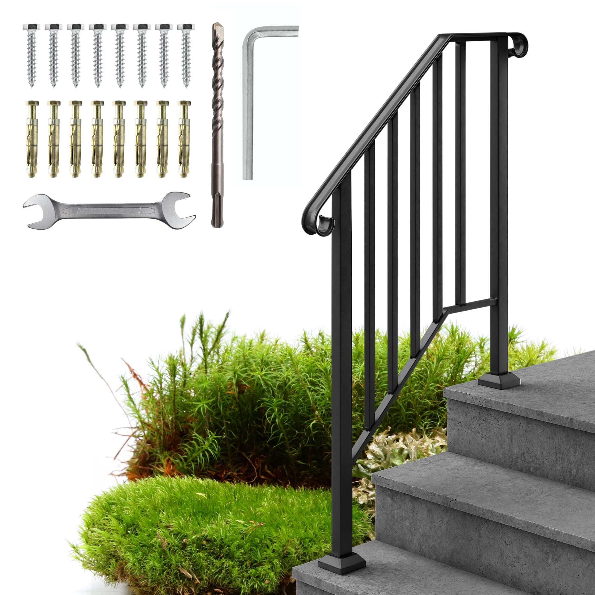 Metty Metal Hand Rails for Outdoor Steps- 1 to 5 Step Wrought Iron Stair Railing Indoor Set - Powder Coated Black Finish Hand Rails for Indoor Stairs, Exterior Steps, Porch Railing, DIY Installation