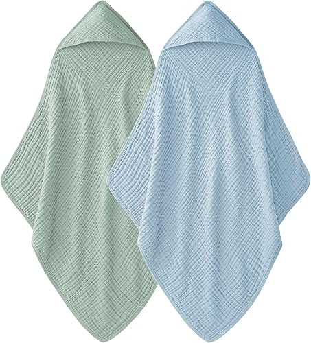 Toallas de bebé con capucha para recién nacido, paquete de 2, 100% muselina de algodón, toallas de baño para bebé con capucha, suaves y absorbentes,